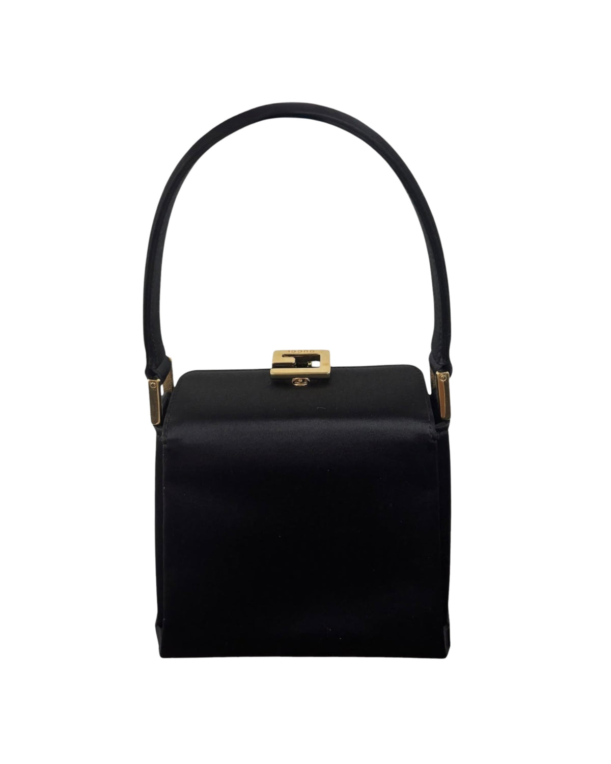 Gucci Vintage 90s Black Satin Gold Logo Mini Bento Box Evening Bag