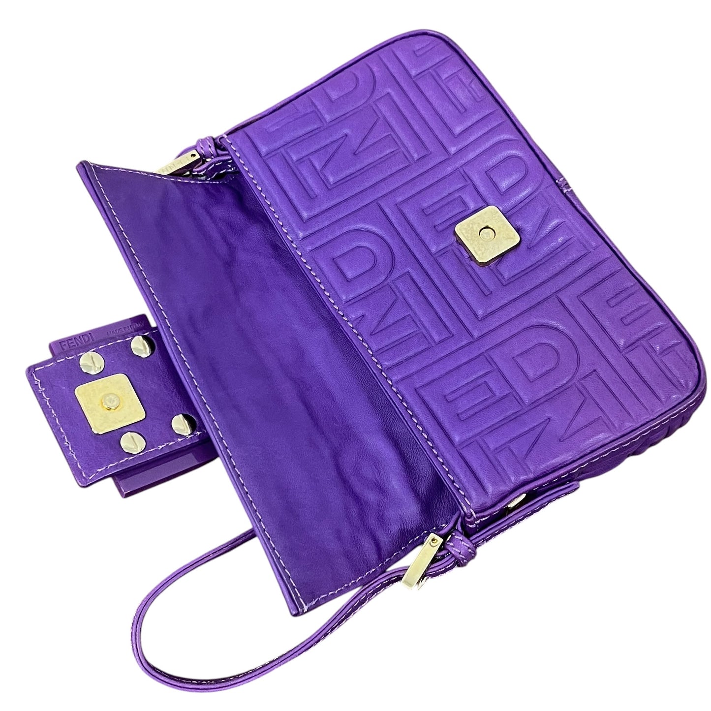 Fendi Purple Embossed Nappa Leather Logo Mini Shoulder Baguette Bag