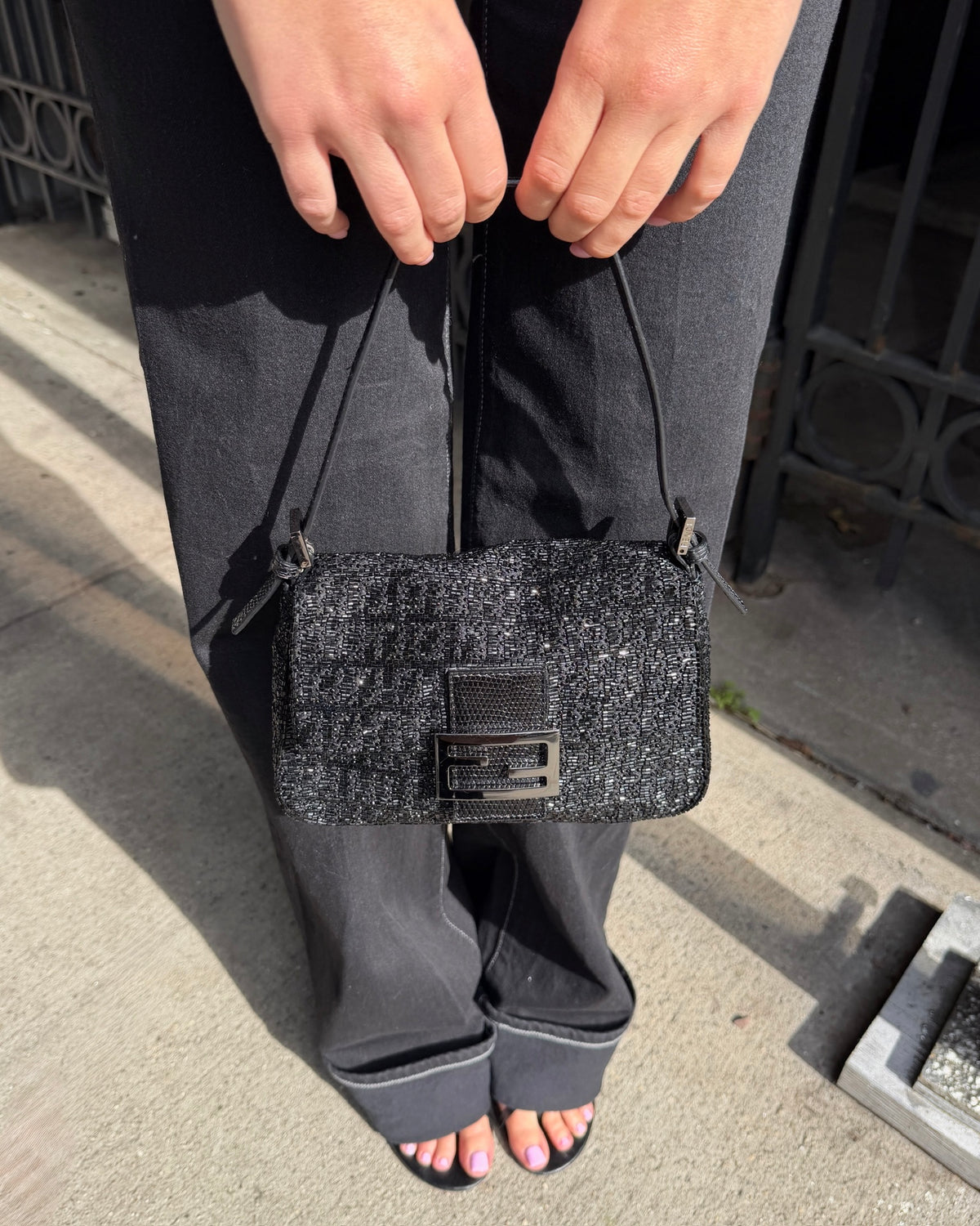 Fendi Vintage Black Zucca Beaded Embroidered Mini Mamma Shoulder Baguette Bag with Lizard Trim