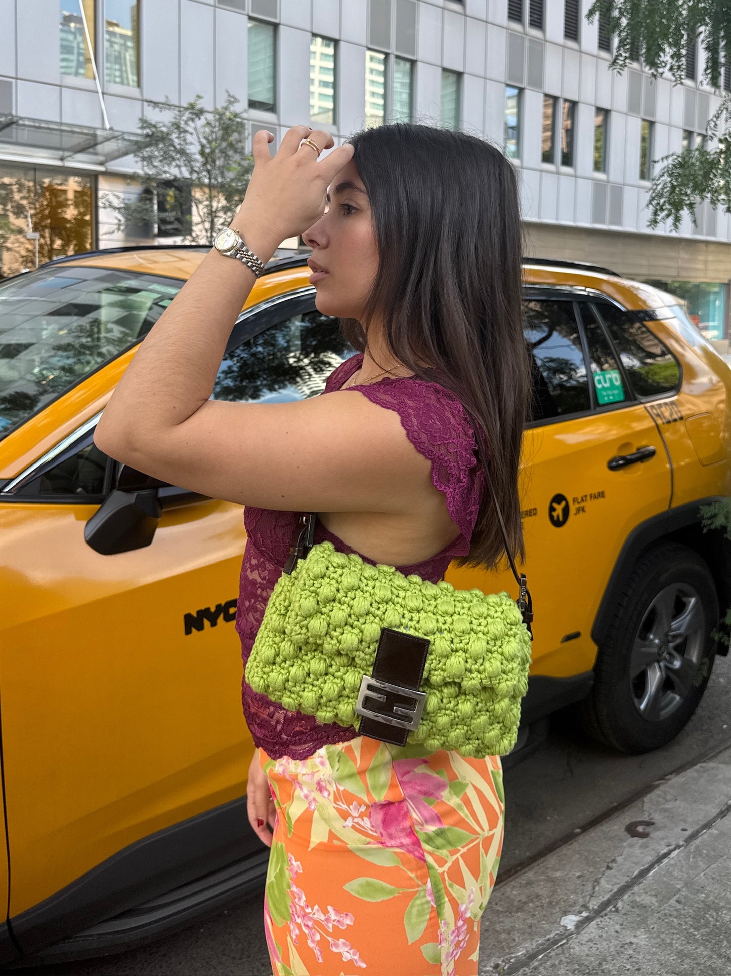 Fendi Vintage Lime Green Crochet Knit Shoulder Baguette Bag