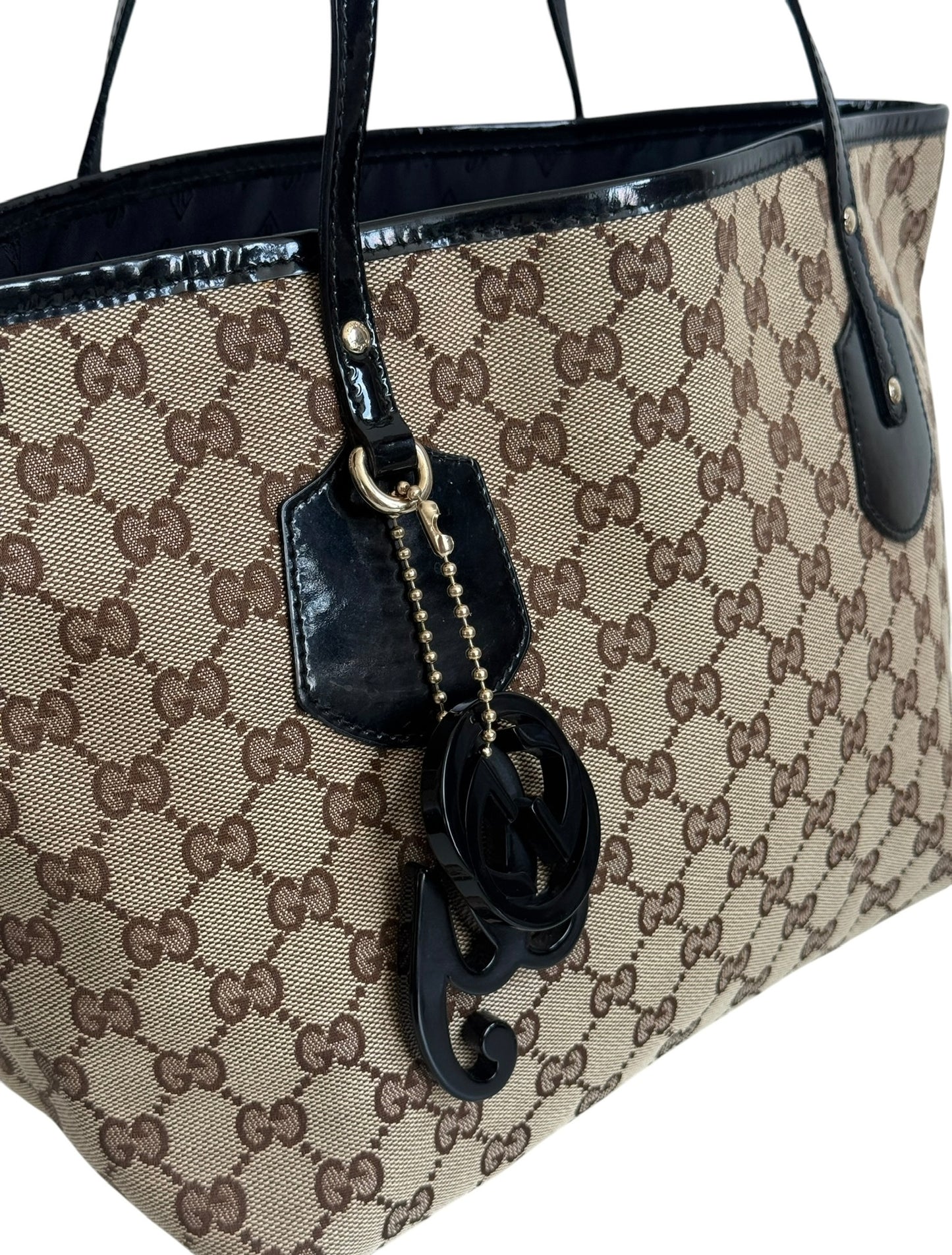 Gucci Vintage Brown GG Monogram Canvas Small Jolie Tote Bag with Black Patent Leather Trim