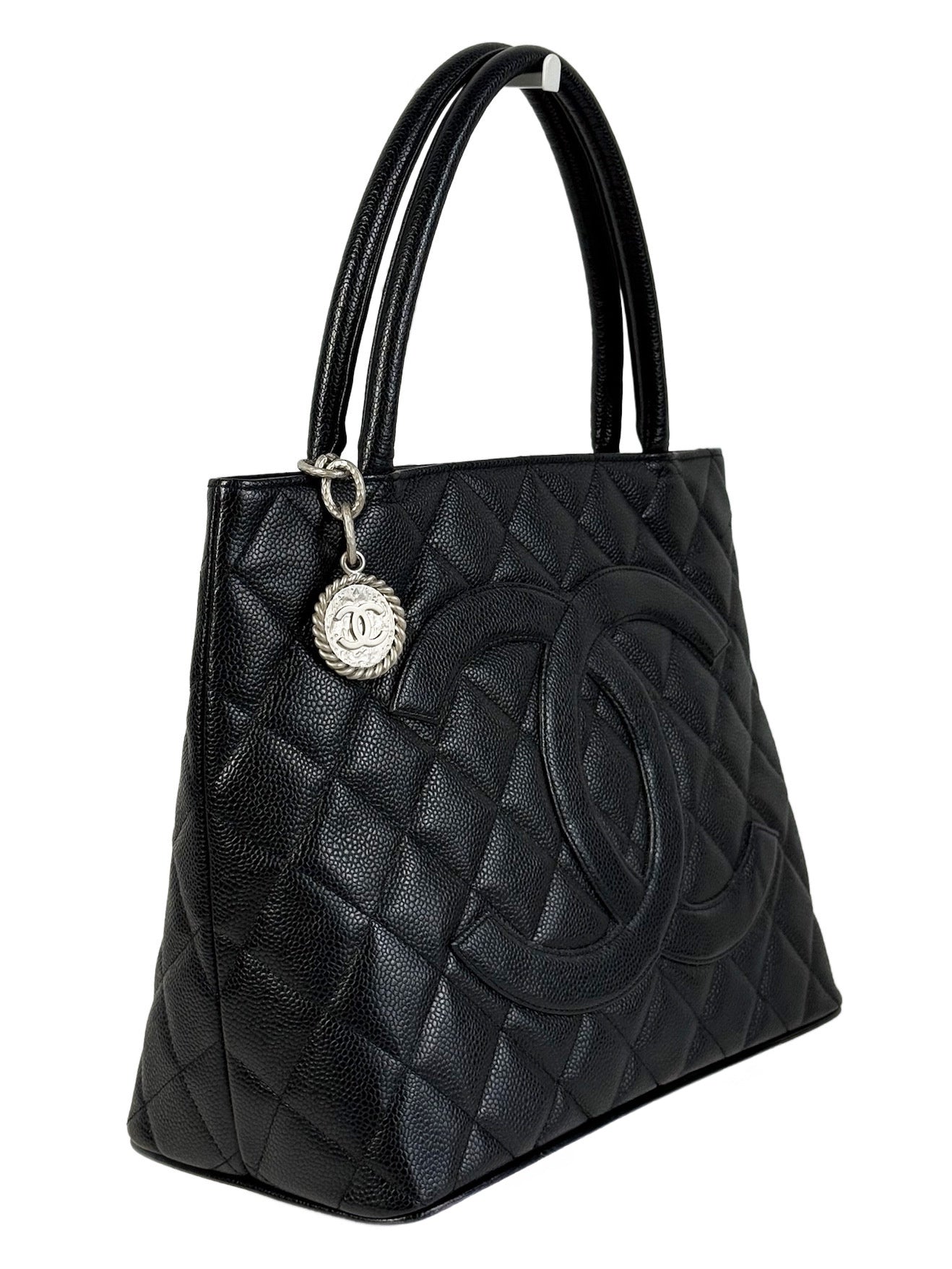 Chanel Vintage Black Caviar Leather Medallion CC Shoulder Tote Bag