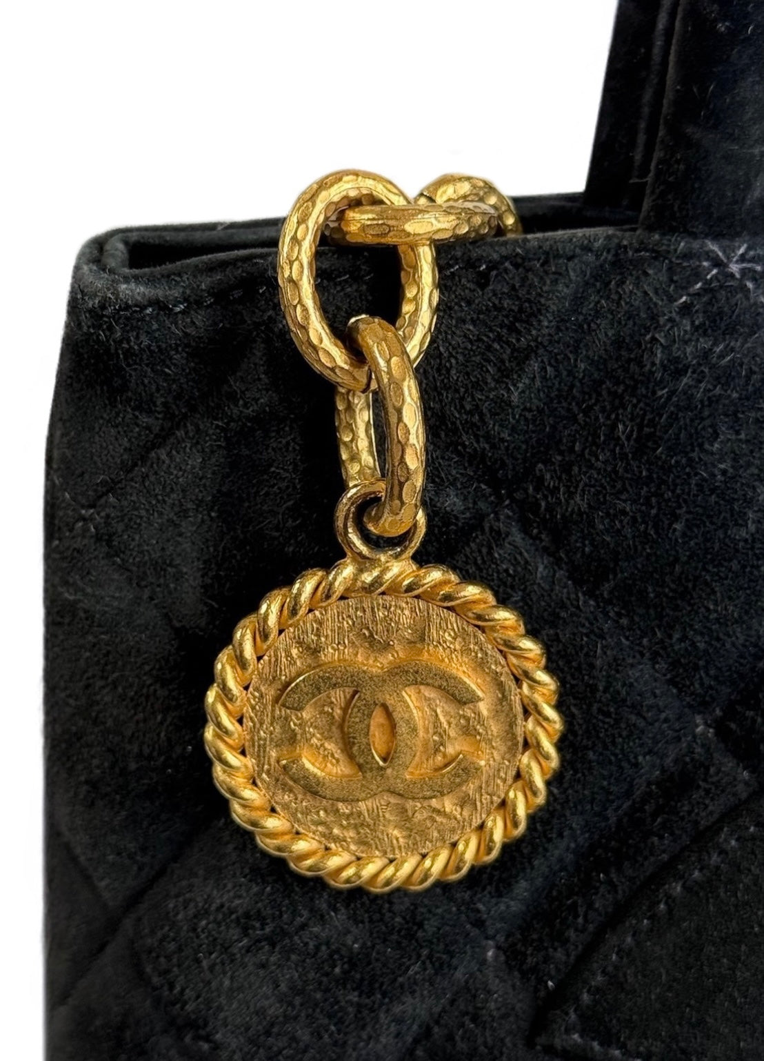 Chanel Vintage 90s Black Quilted Suede Medallion CC Shoulder Tote Bag