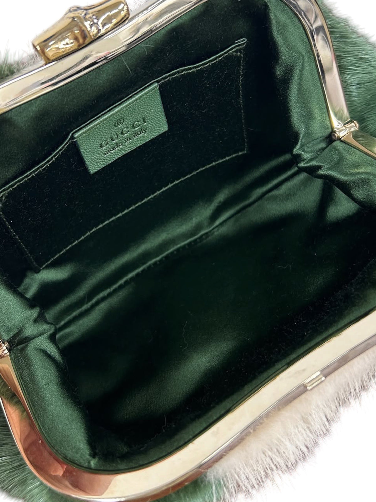 Gucci by Tom Ford Vintage Green & White Mink Fur Metal Bamboo Handle Top Handle Evening Bag
