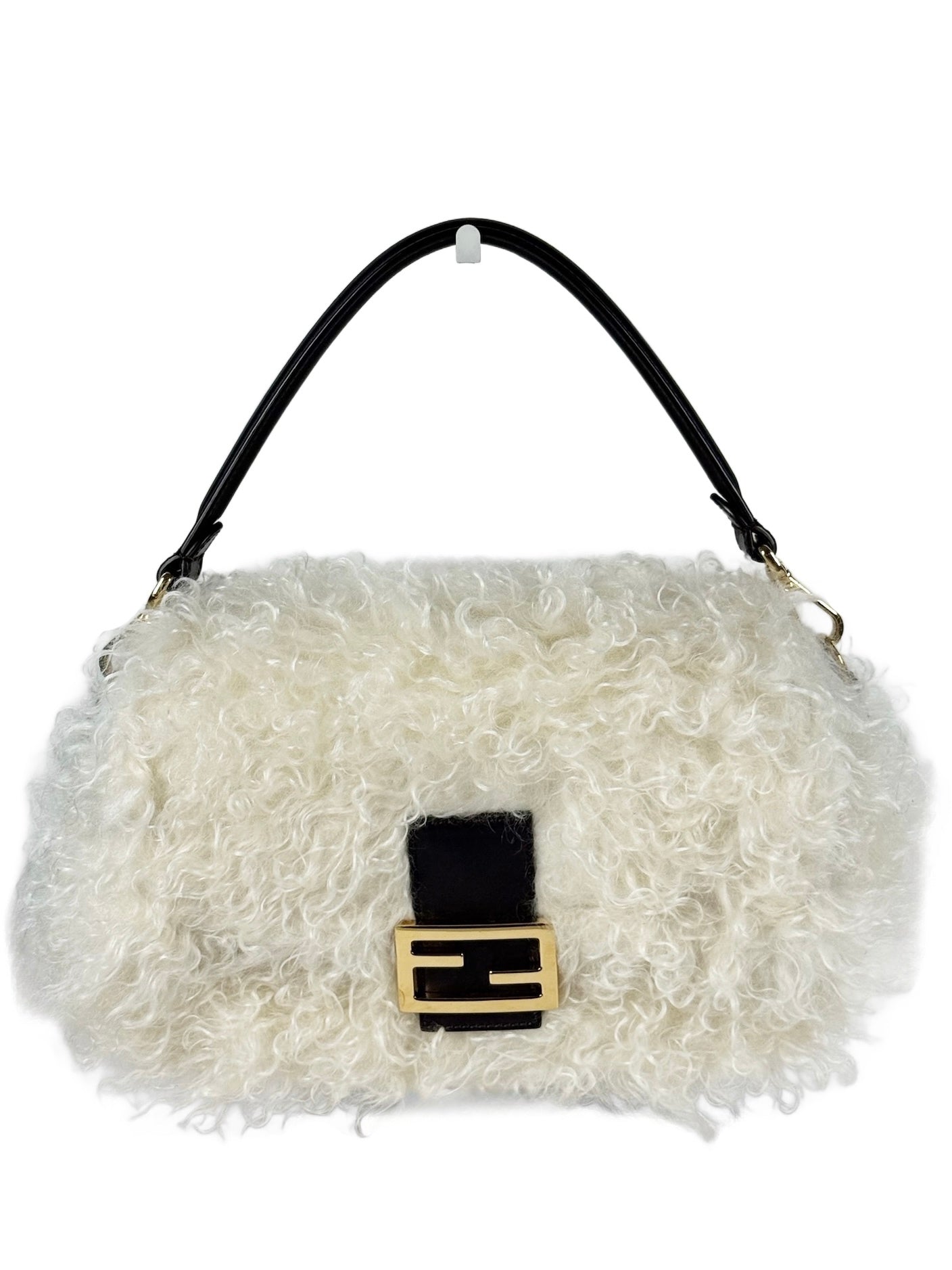Fendi Ivory Fur Effect Mohair Wool Medium Shoulder Baguette Bag