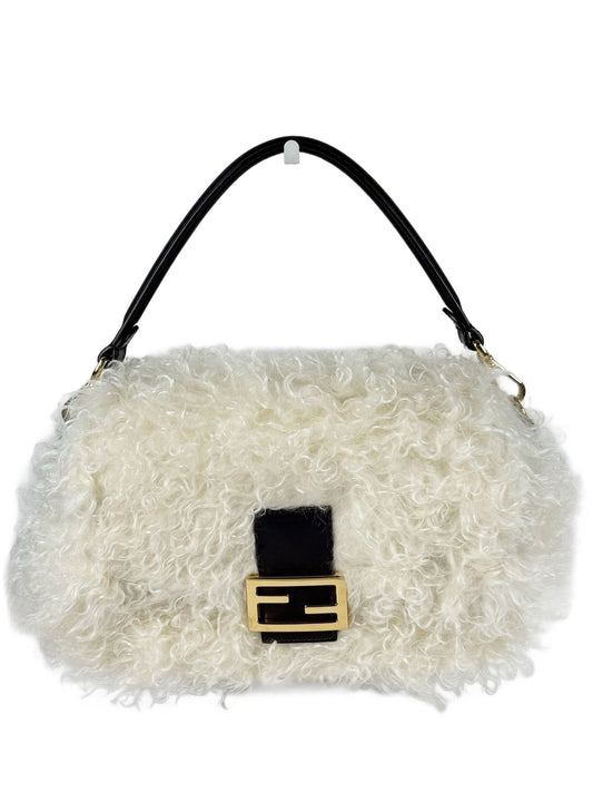 Fendi Ivory Fur Effect Mohair Wool Medium Shoulder Baguette Bag