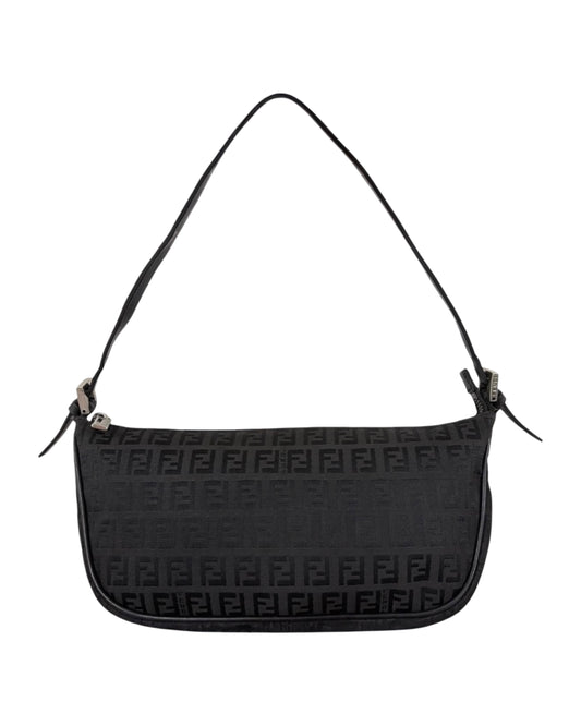 Fendi Vintage Black Zucchino Zucca Monogram Medium Half Moon Pochette Shoulder Bag