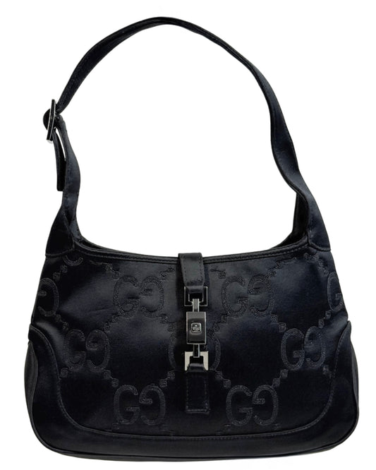 Gucci Vintage Black GG Monogram Metallic Satin Small Jackie Shoulder Bag