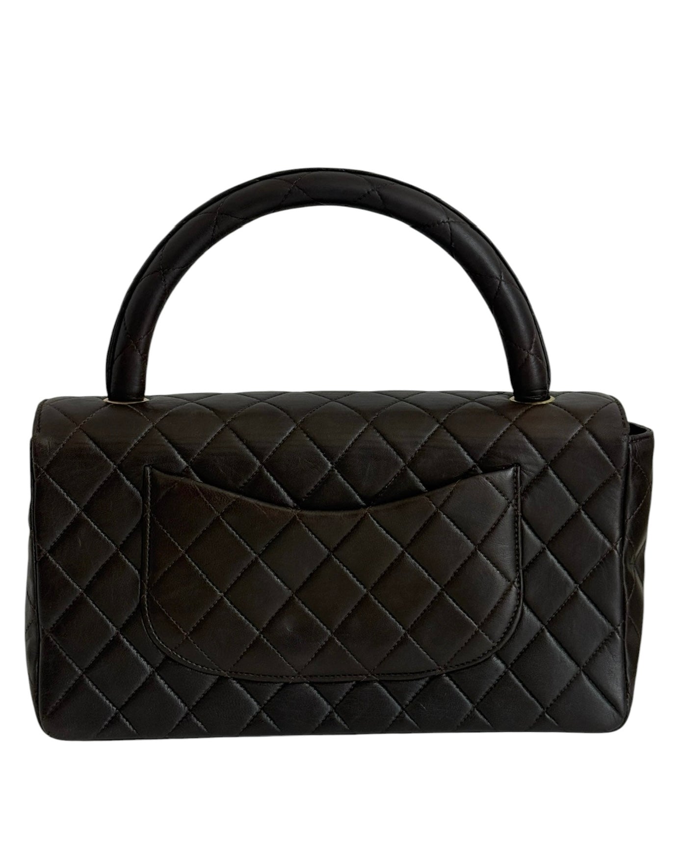 Chanel Vintage 90s Dark Brown Quilted Lambskin Medium Kelly Top Handle Parent Flap Bag w 24K Gold Plated Hardware