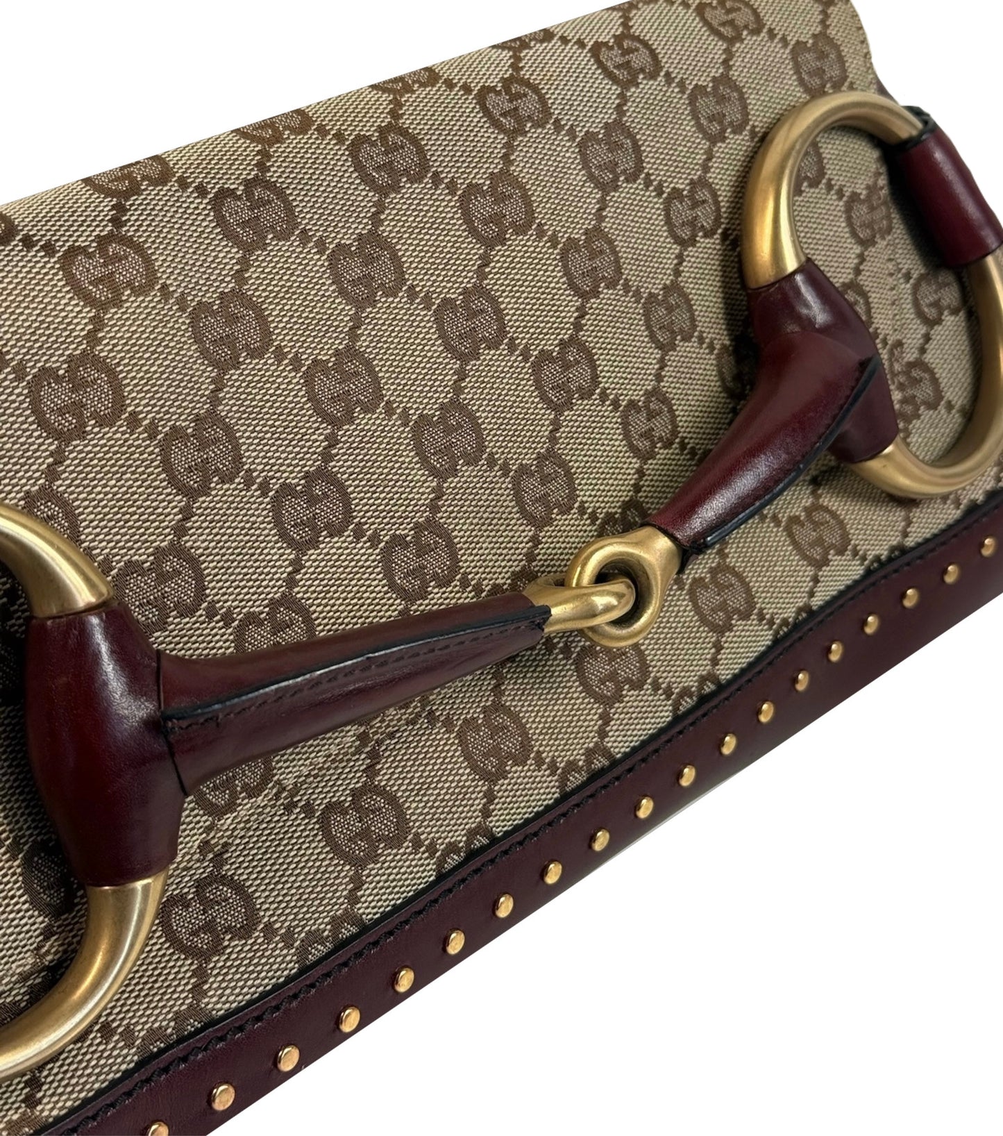 Gucci Vintage Brown GG Monogram Burgundy Studded Leather Trim Horsebit Large Chain Shoulder Clutch Bag