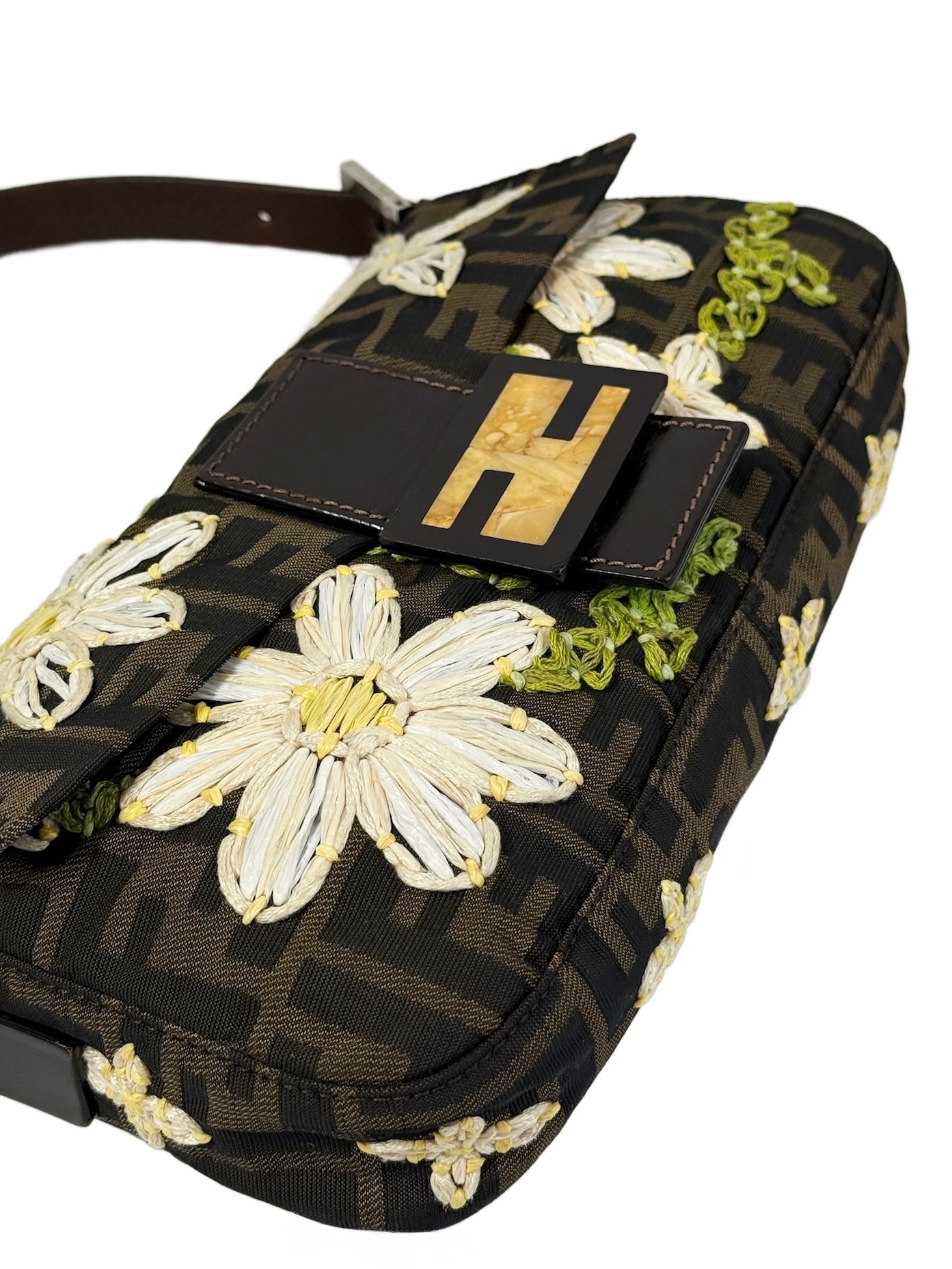 Fendi Vintage Brown Monogram Floral Embroidered Tulle Zucca Monogram Shoulder Baguette Bag