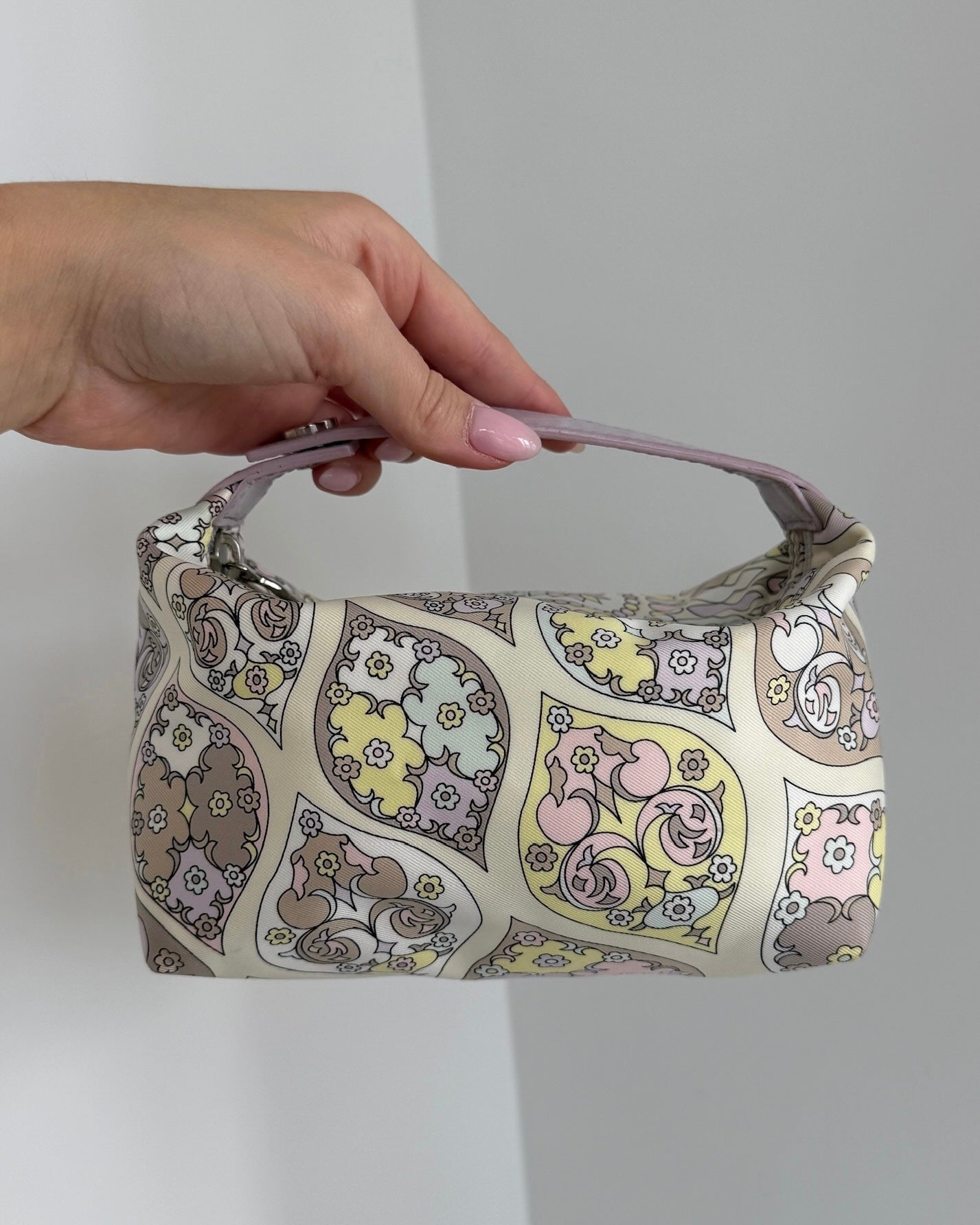 Pucci Vintage Pastel Lilac Yellow and Pink Mini Dome Cosmetic Pochette Top Handle Bag