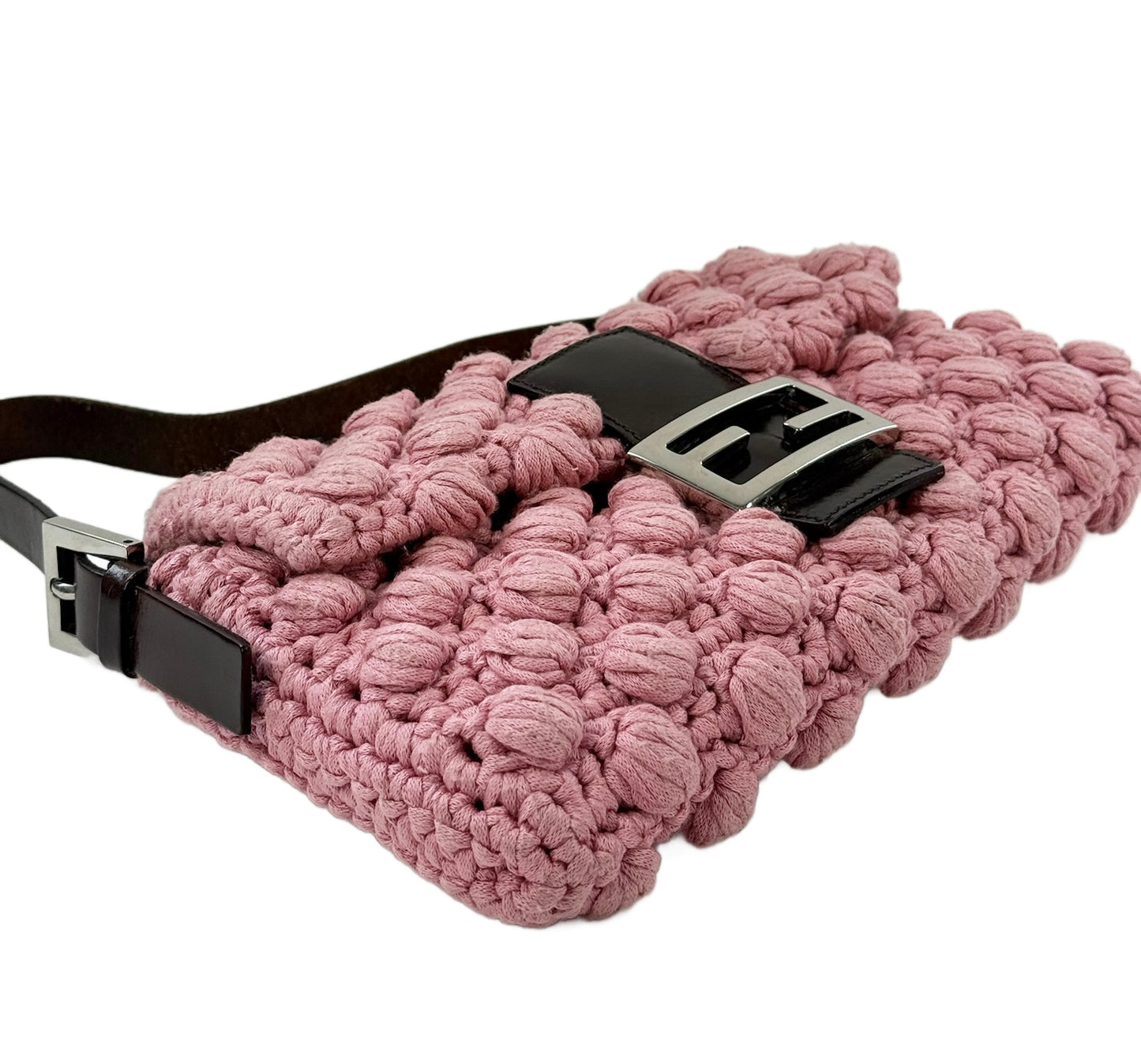 Fendi Vintage Pink Crochet Knit Shoulder Baguette Bag