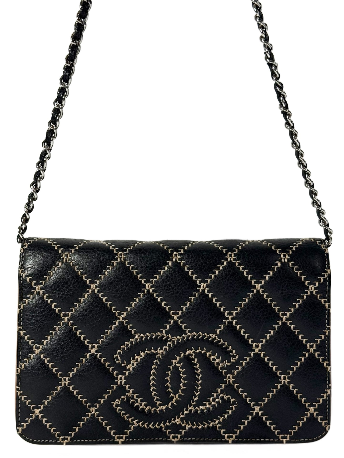 Chanel Black Calfskin Beige CC Wild Stitch Wallet on Chain