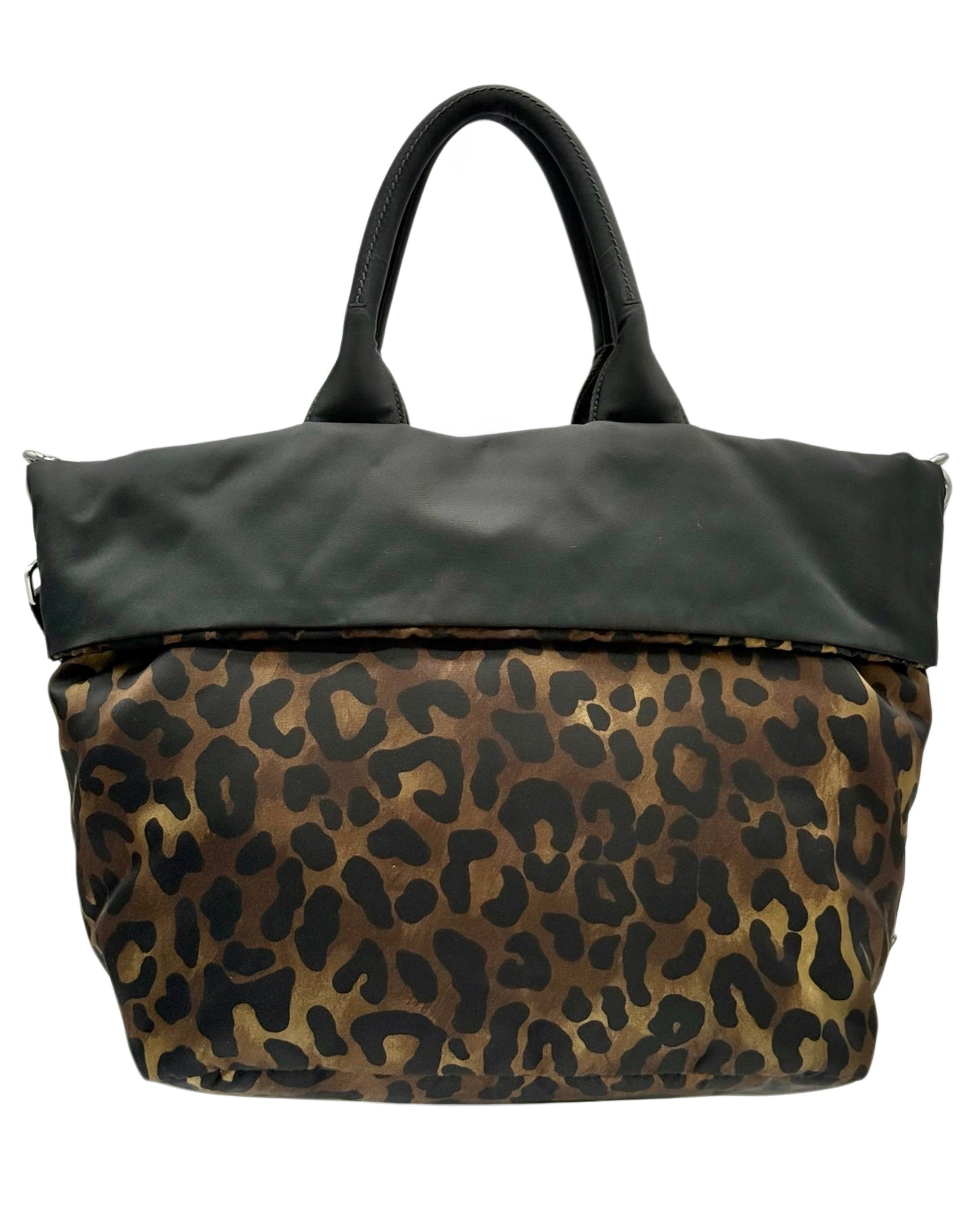 Prada Vintage Black & Green Leopard Print Tessuto Nylon Reversible Tote Bag w Shoulder Strap