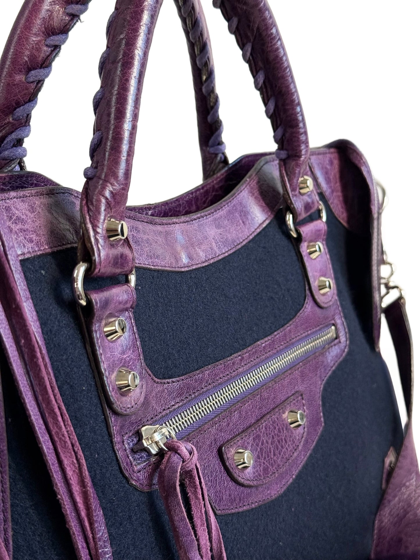Balenciaga Vintage Blue Felt Purple Leather Trim Large City Bag