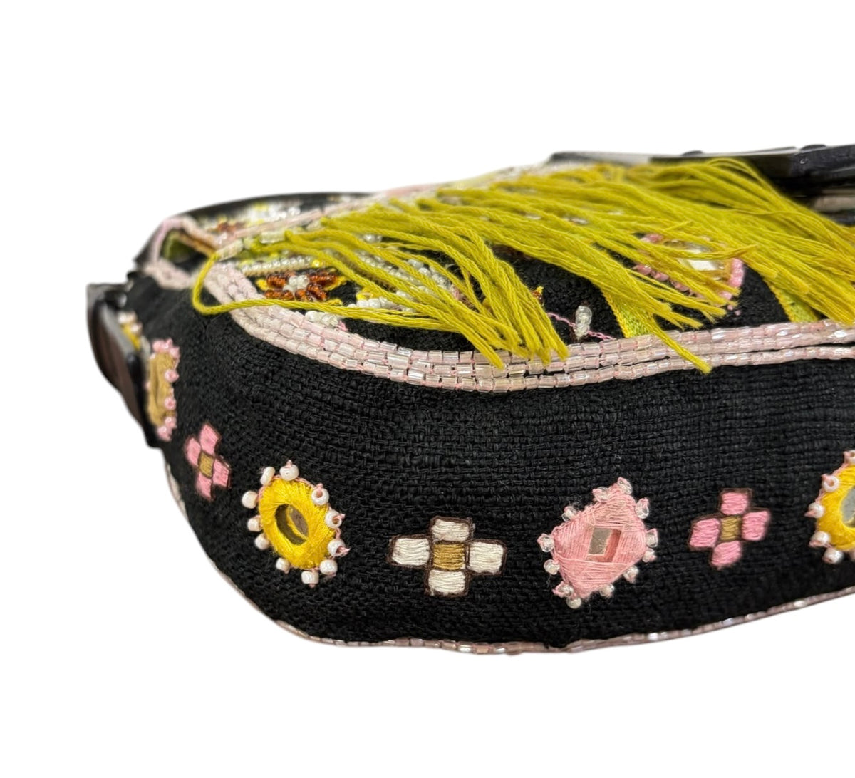 Fendi Vintage Late 90s Black Knit Embroidered Pink Beaded Green Fringe Embellished Shoulder Baguette Bag