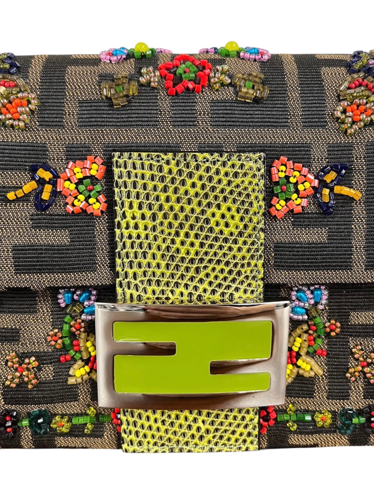 Fendi Vintage Brown Zucca Monogram Floral Beaded Green Lizard Trim Shoulder Baguette Bag