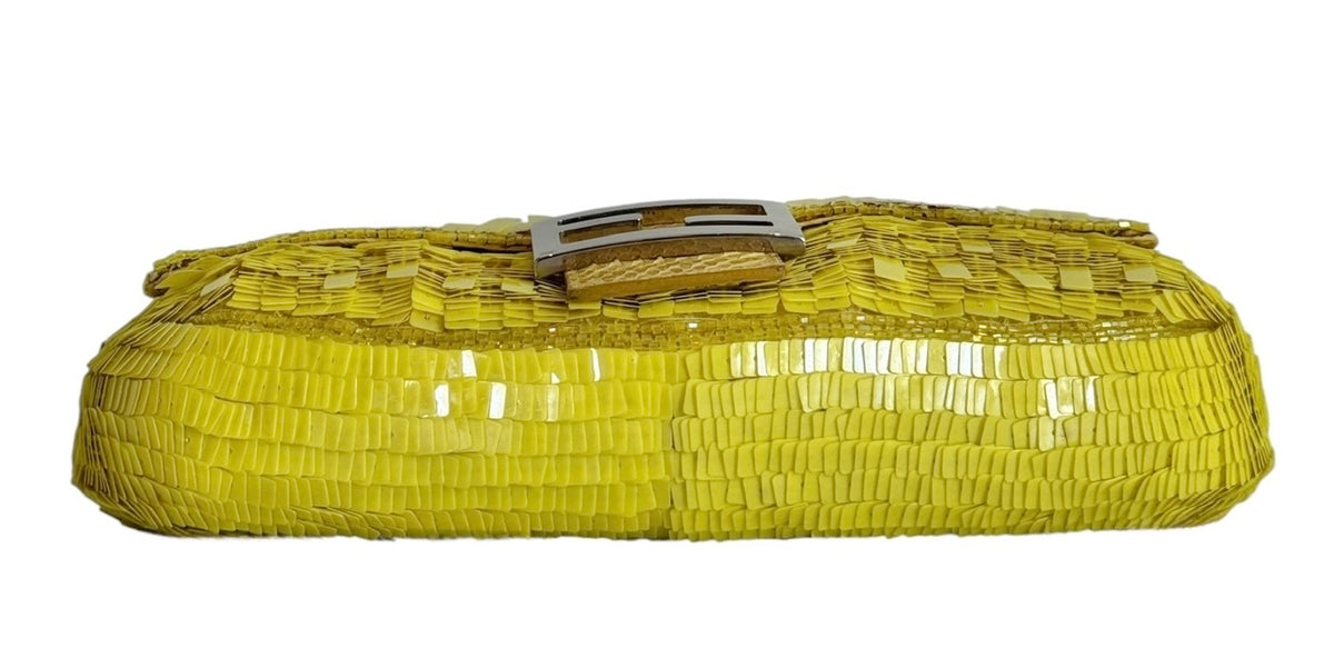 Fendi Vintage Neon Yellow Palliates Sequin Beaded Shoulder Baguette Bag with Python Trim