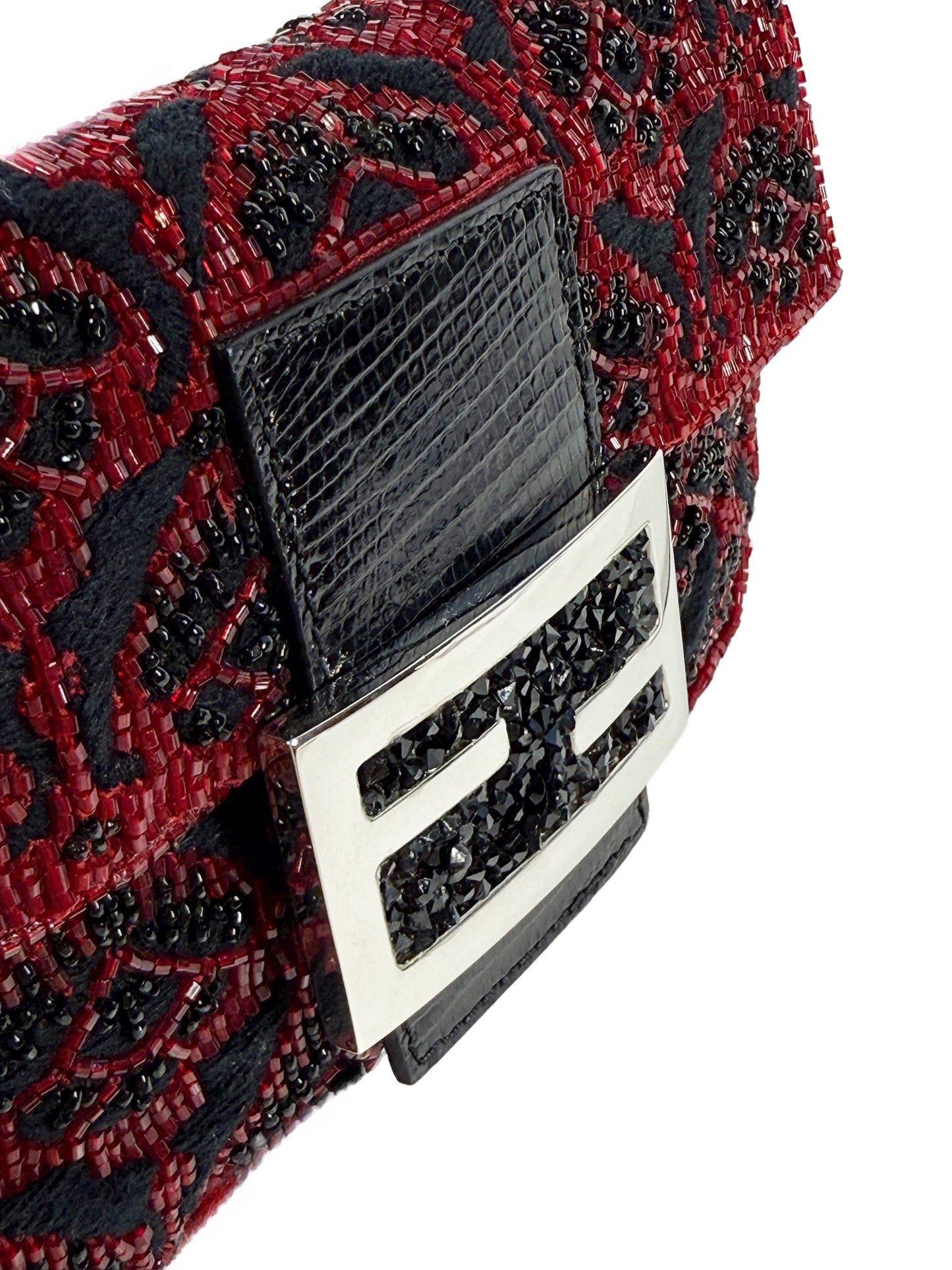 Fendi Vintage Red & Black Beaded Lizard Trim Crystal Embellished Mini Baguette Bag