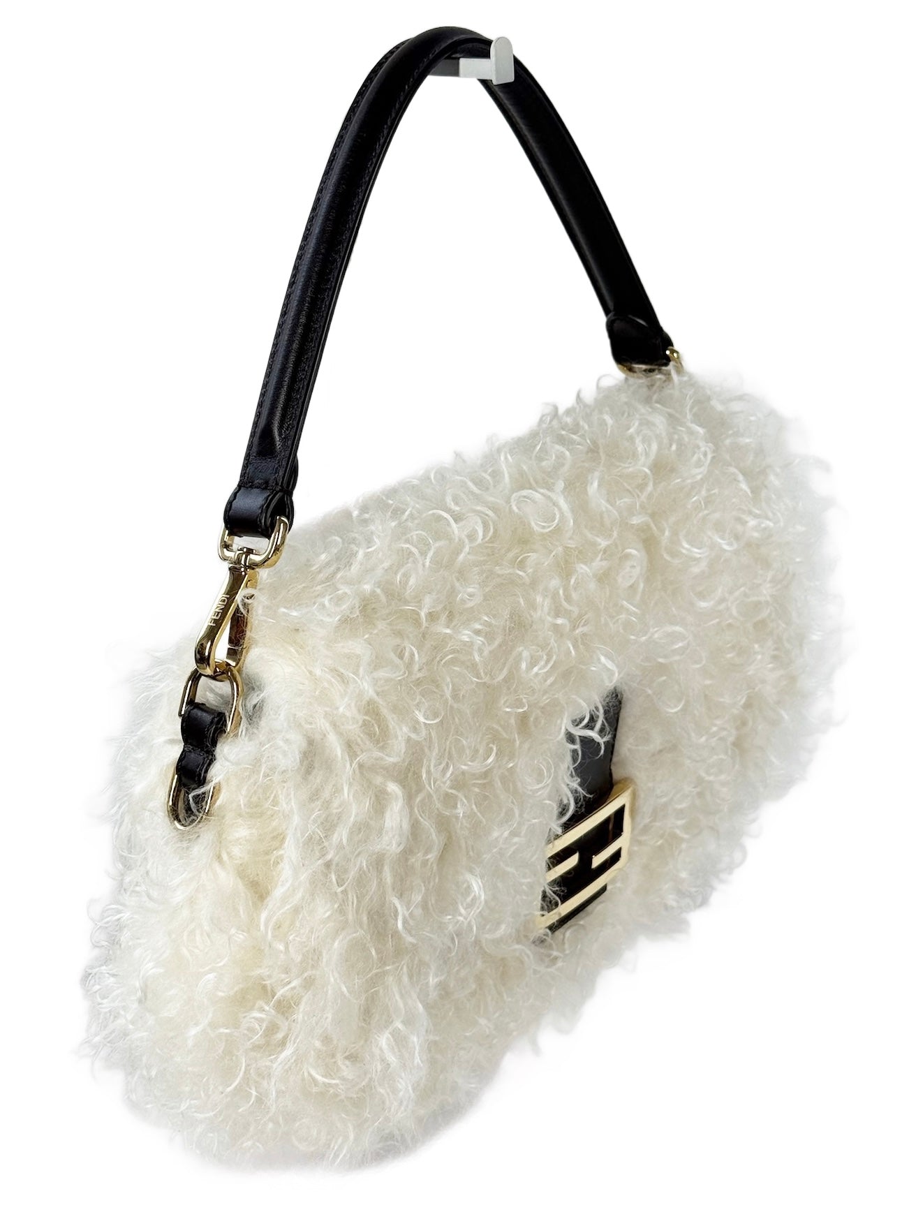 Fendi Ivory Fur Effect Mohair Wool Medium Shoulder Baguette Bag