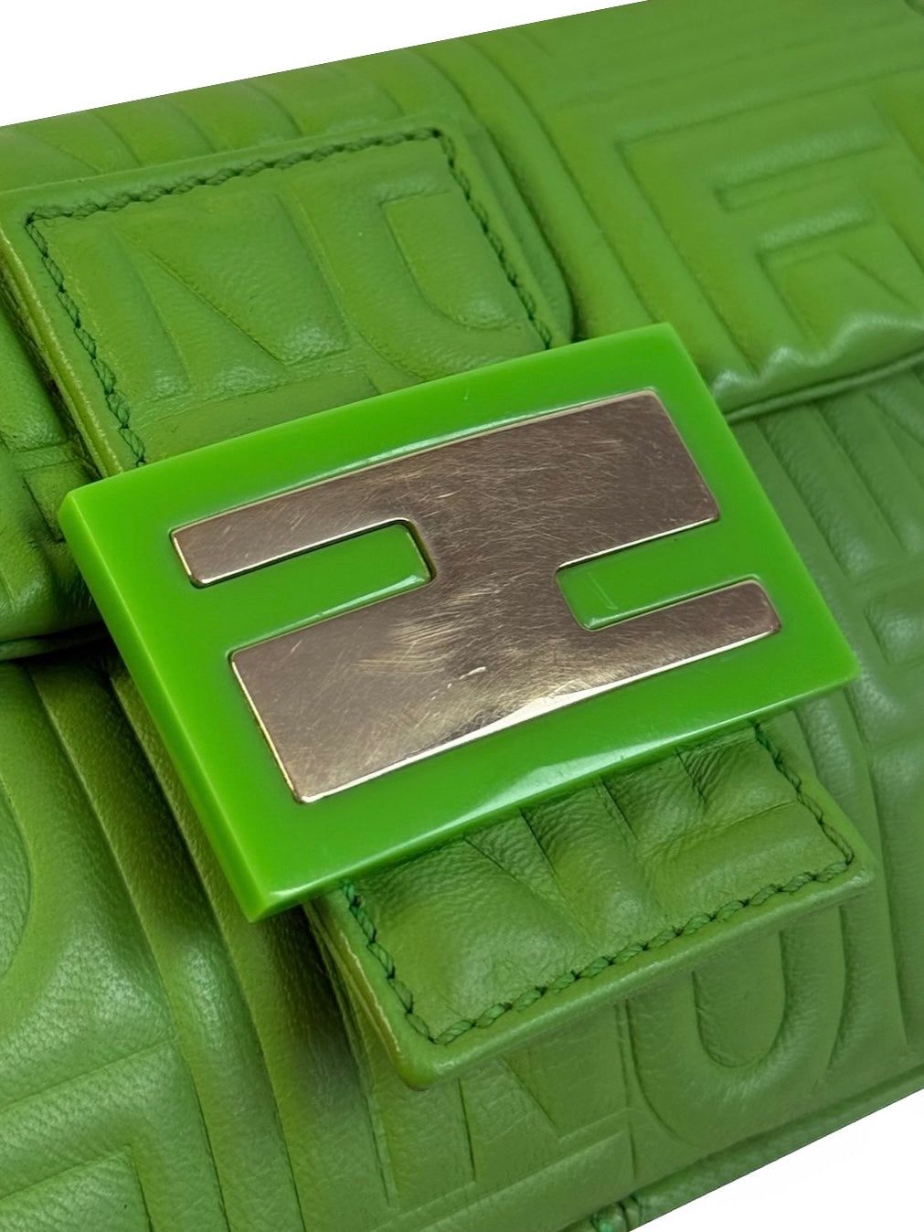 Fendi Vintage Green Nappa Embossed Logo Leather Shoulder Mini Baguette Shoulder Bag