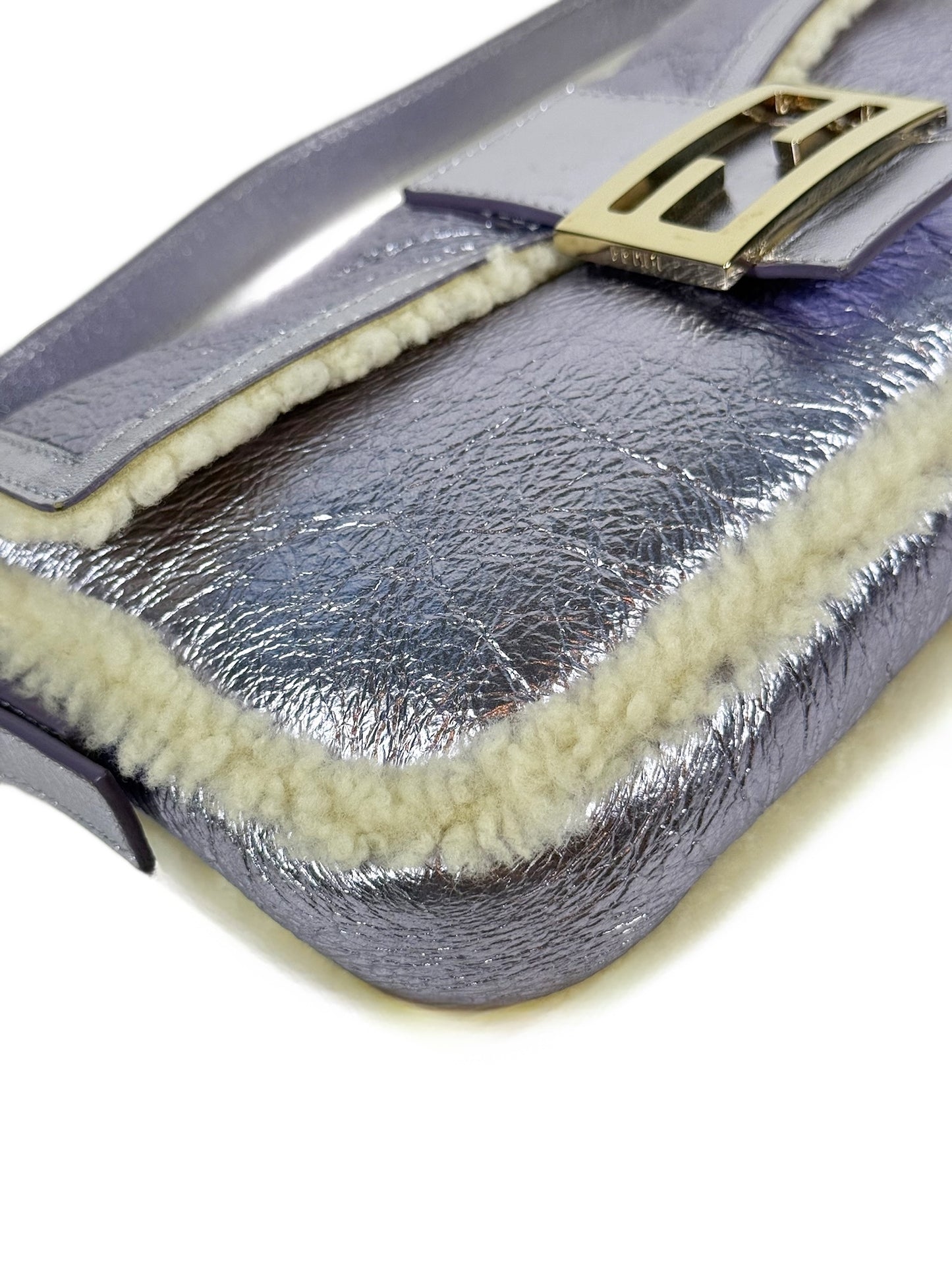 Fendi Metallic Purple Calfskin Shearling Trim Shoulder Baguette