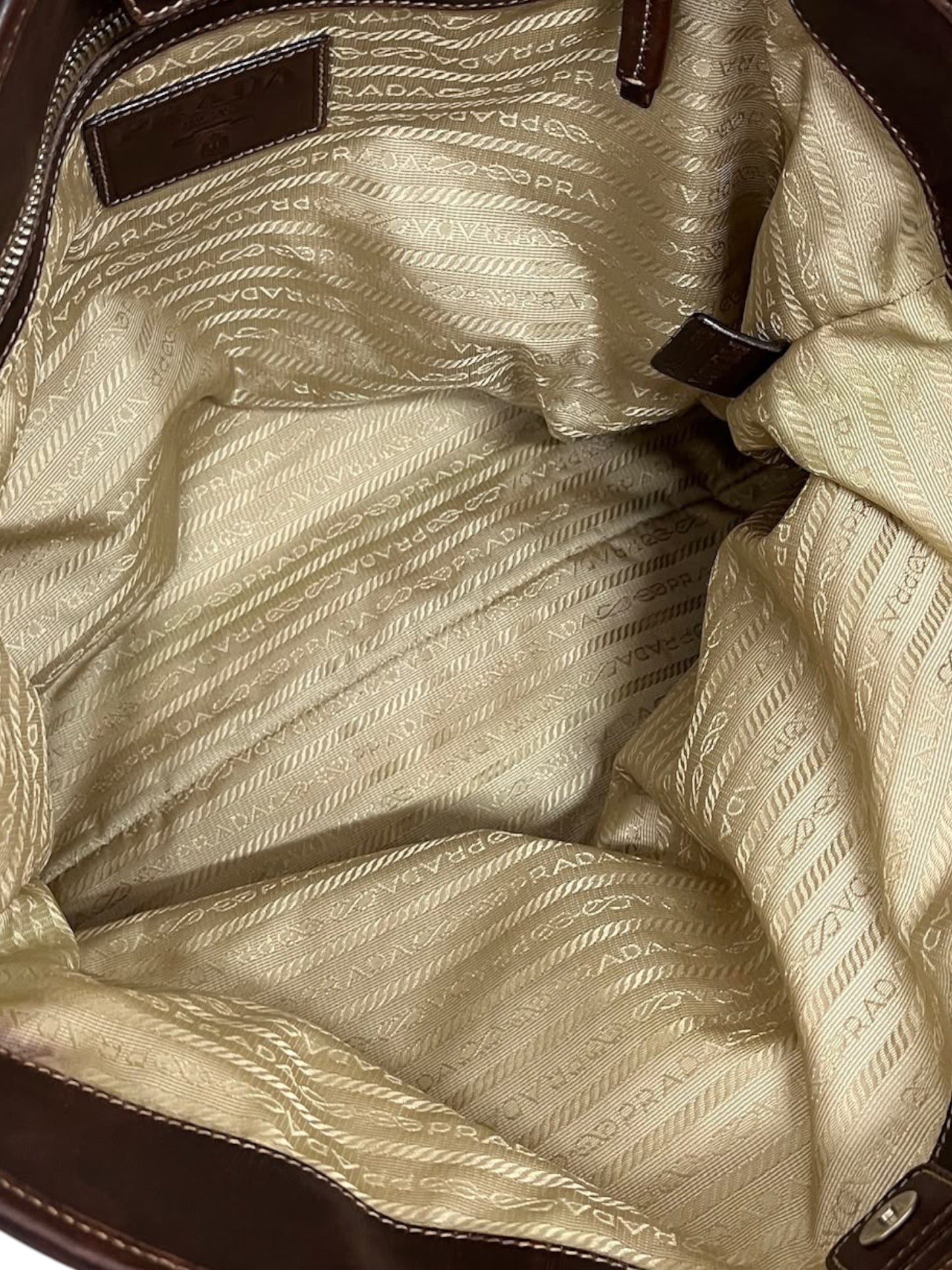 Prada Vintage Light Brown Jacquard Canapa Canvas Large Shoulder Tote Bag with Leather Trim 
