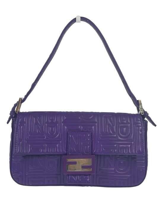 Fendi Purple Nappa Embossed Logo Leather Shoulder Baguette Bag