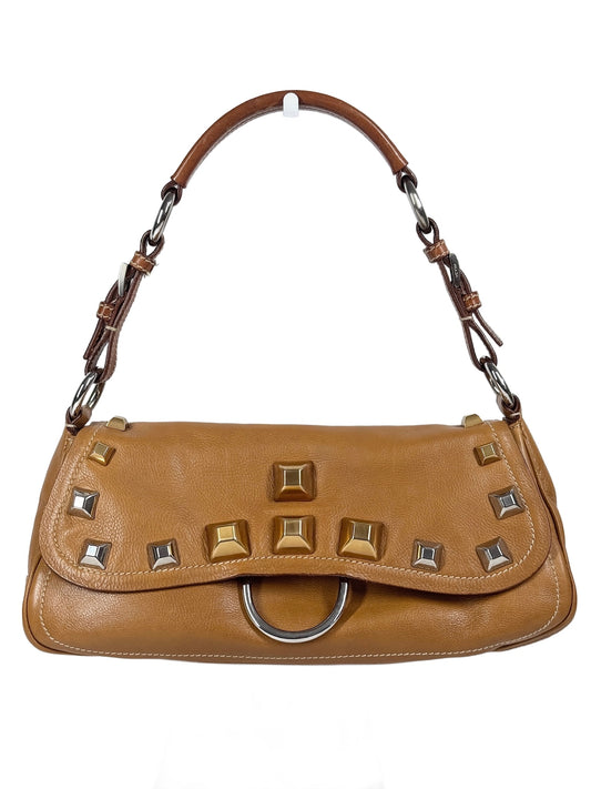 Prada Vintage 2004 Beige Calf Leather Mixed Metal Studded Shoulder Bag