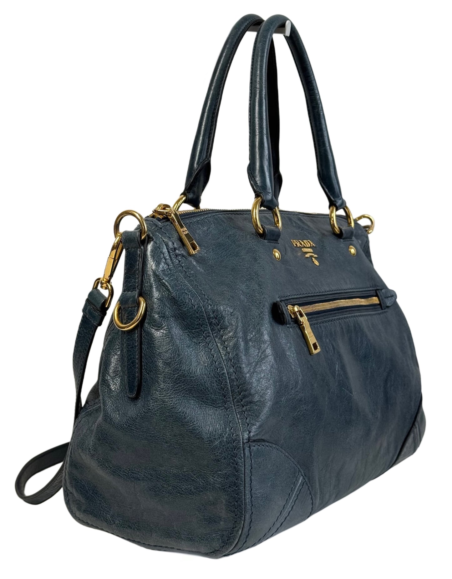 Prada Vintage Midnight Blue Crinkled Calfskin Leather Top 2-Way Hobo Shoulder Bag