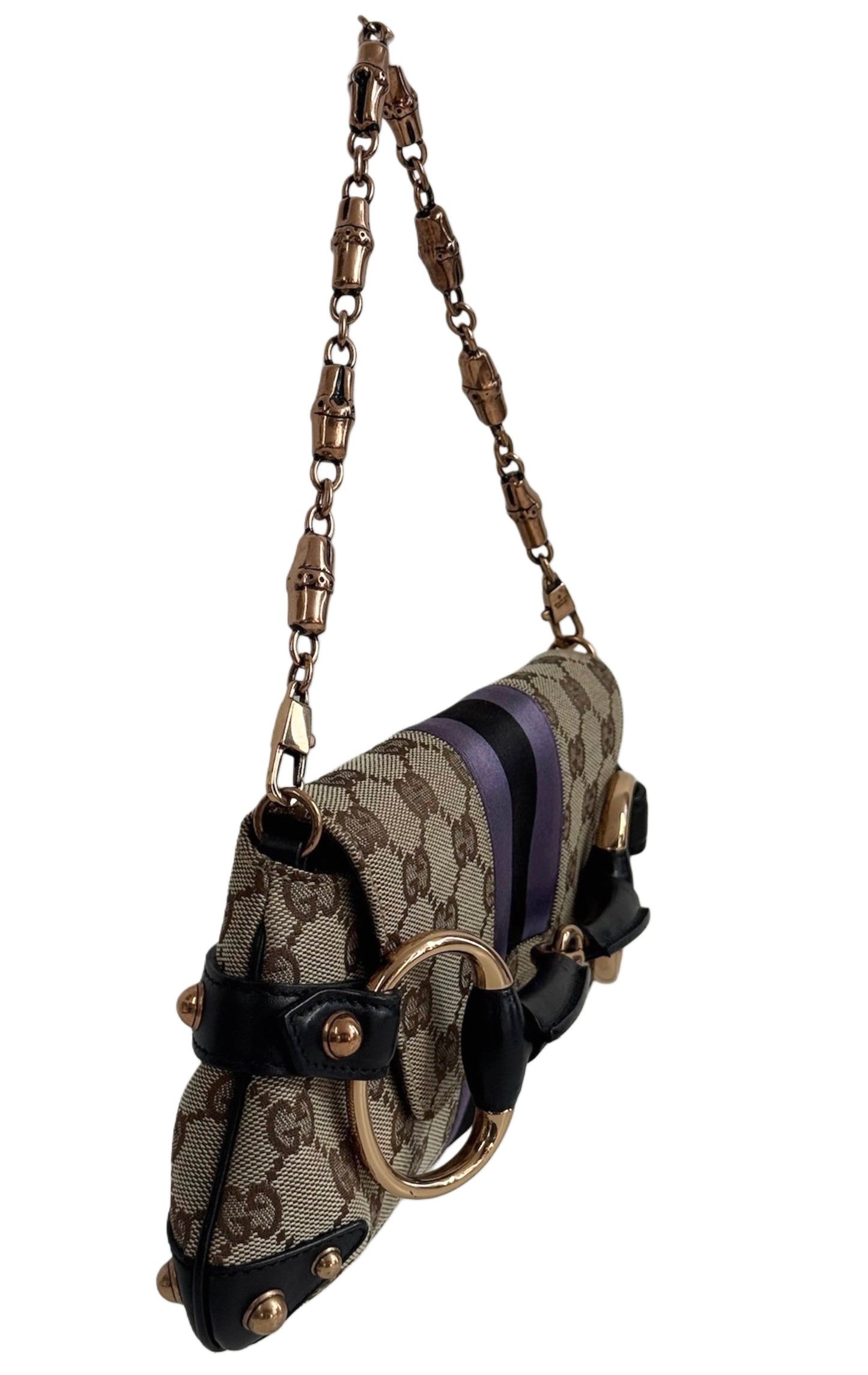 Gucci Vintage Brown GG Monogram Horsebit Purple & Black Satin Striped Rose Gold Bamboo Chain Small Shoulder Clutch Bag