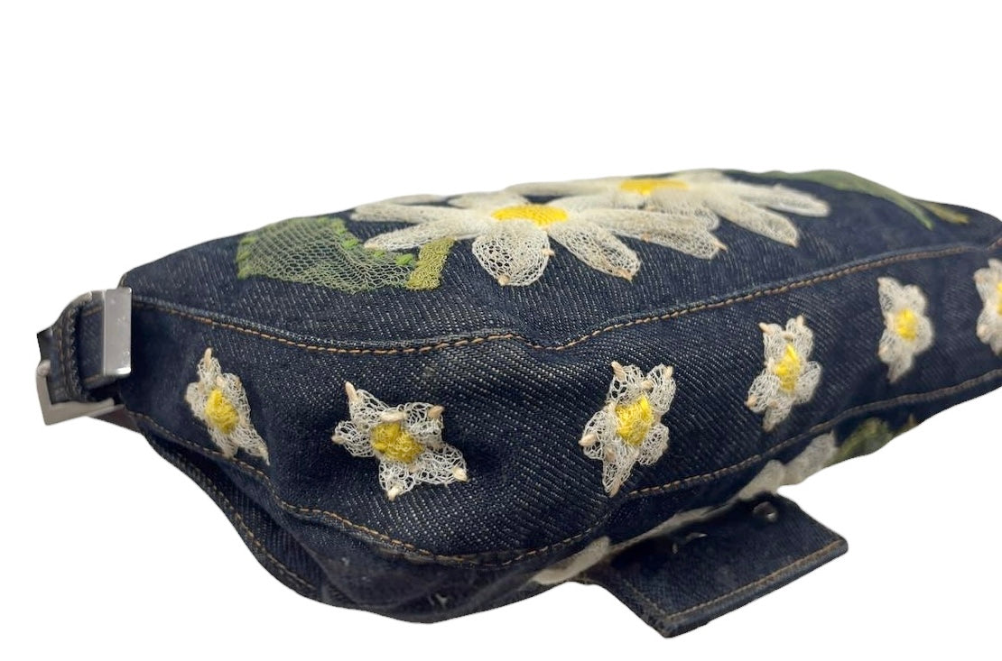 Fendi Vintage Blue Denim Mesh Tulle Daisy Floral Mirror Embellished Shoulder Baguette Bag