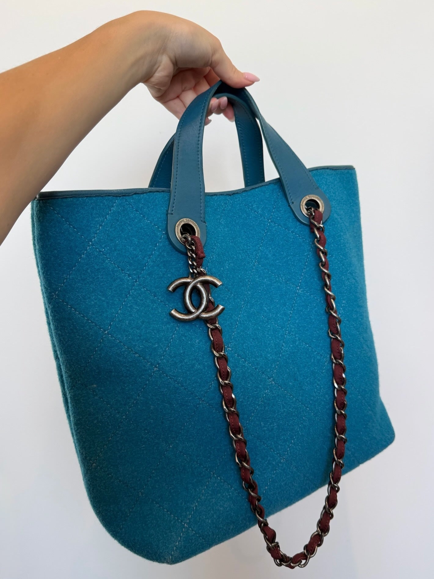 Chanel 2011 Blue Quilted Wool Two-Way CC Chain Shoulder Tote Bag
