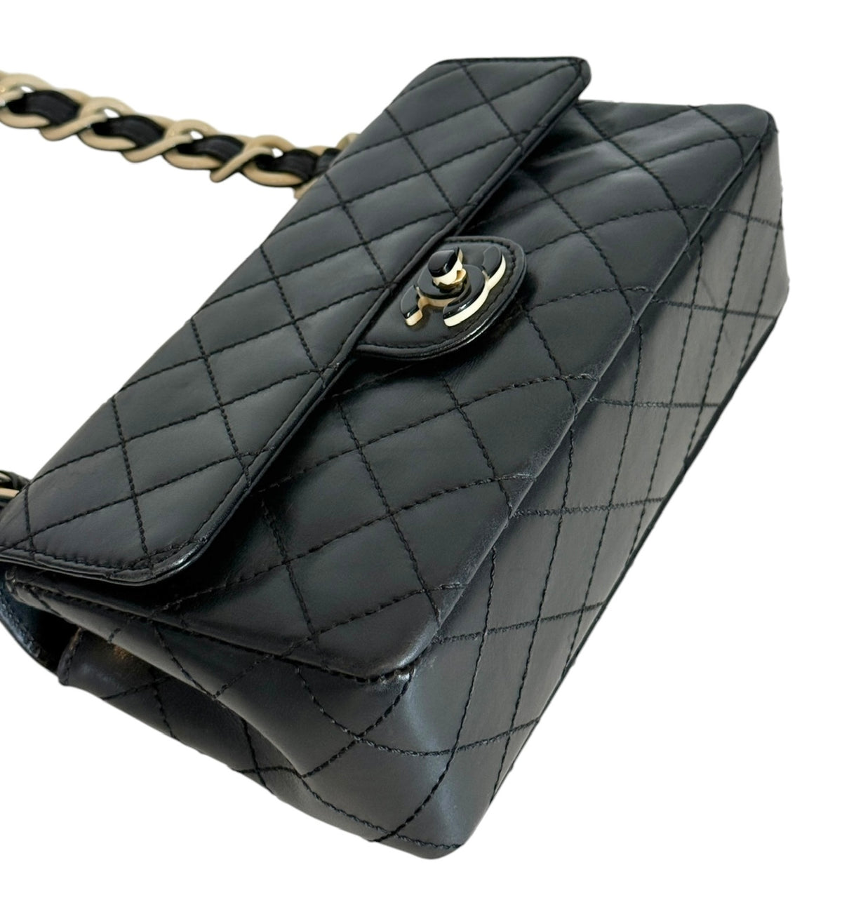 Chanel Vintage 00s Black Quilted Lambskin Rectangular Mini Flap Bag with B&W Resin Chain Strap