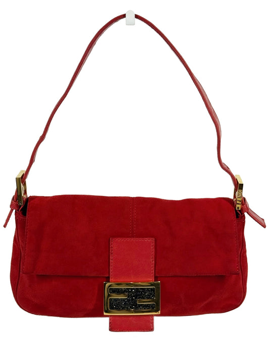 Fendi Vintage Red Suede Purple Glitter Logo Shoulder Baguette Bag
