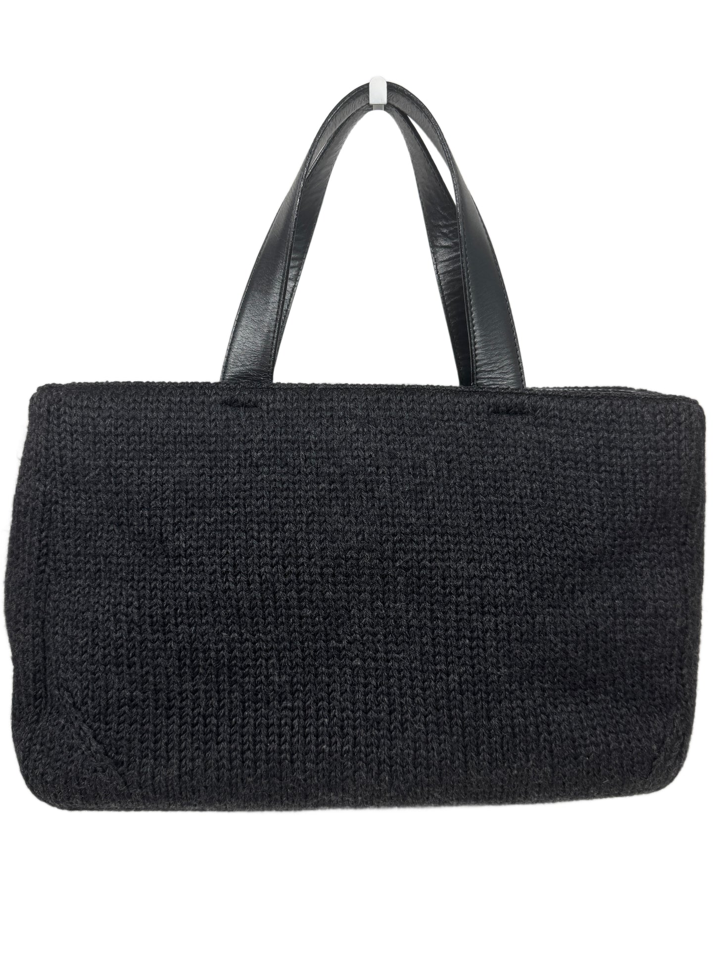 Prada Vintage Dark Gray Knit with Black Leather Trim Top Handle Tote Bag