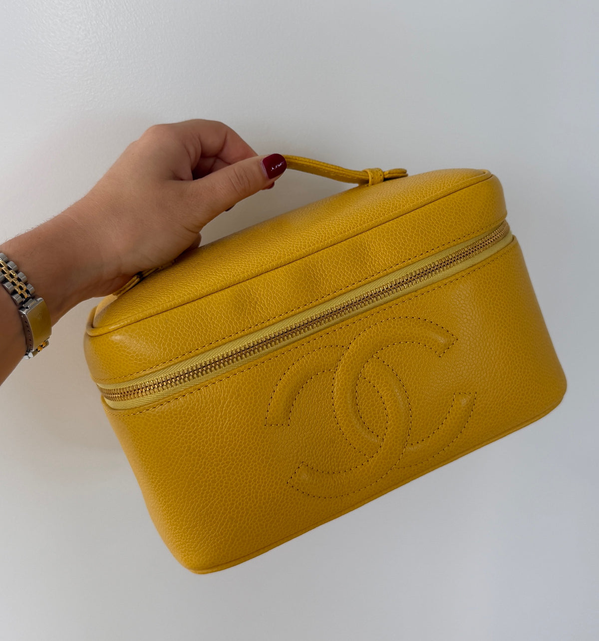 Chanel Vintage Late 90s Yellow Caviar Leather CC Logo Large Horizontal Vanity Case with 24K GPHW