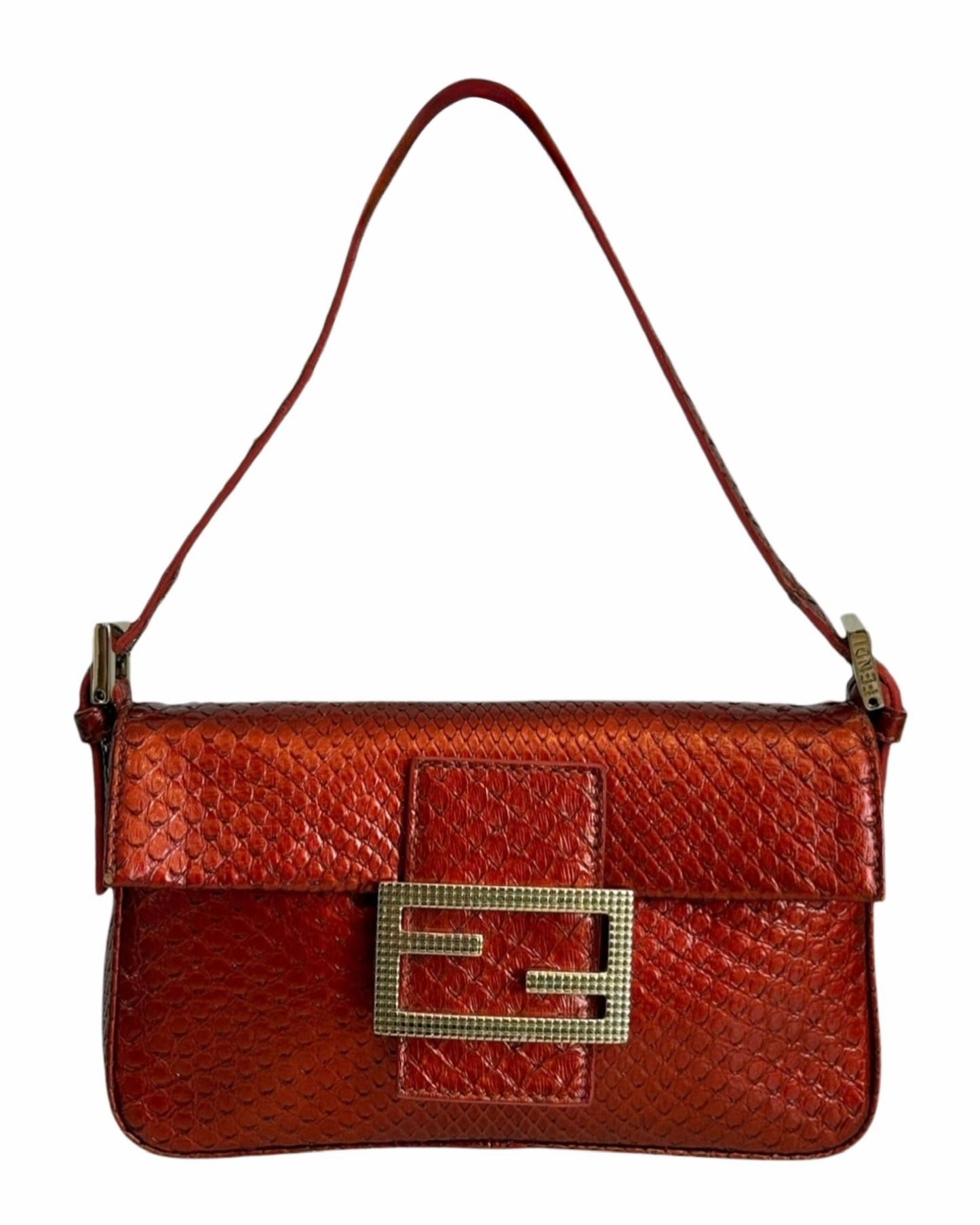 Fendi Vintage Burnt Orange Python Mini Baguette Shoulder Bag