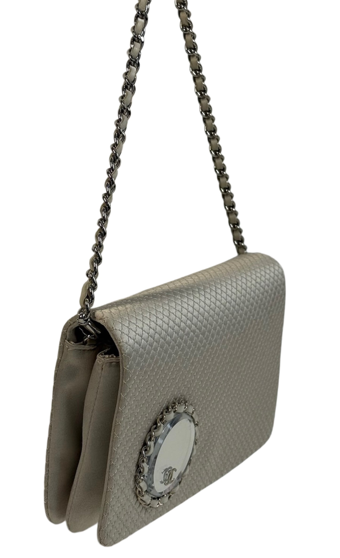 Chanel Vintage Metallic Pewter Quilted Satin CC Logo Mirror Chain Shoulder Bag