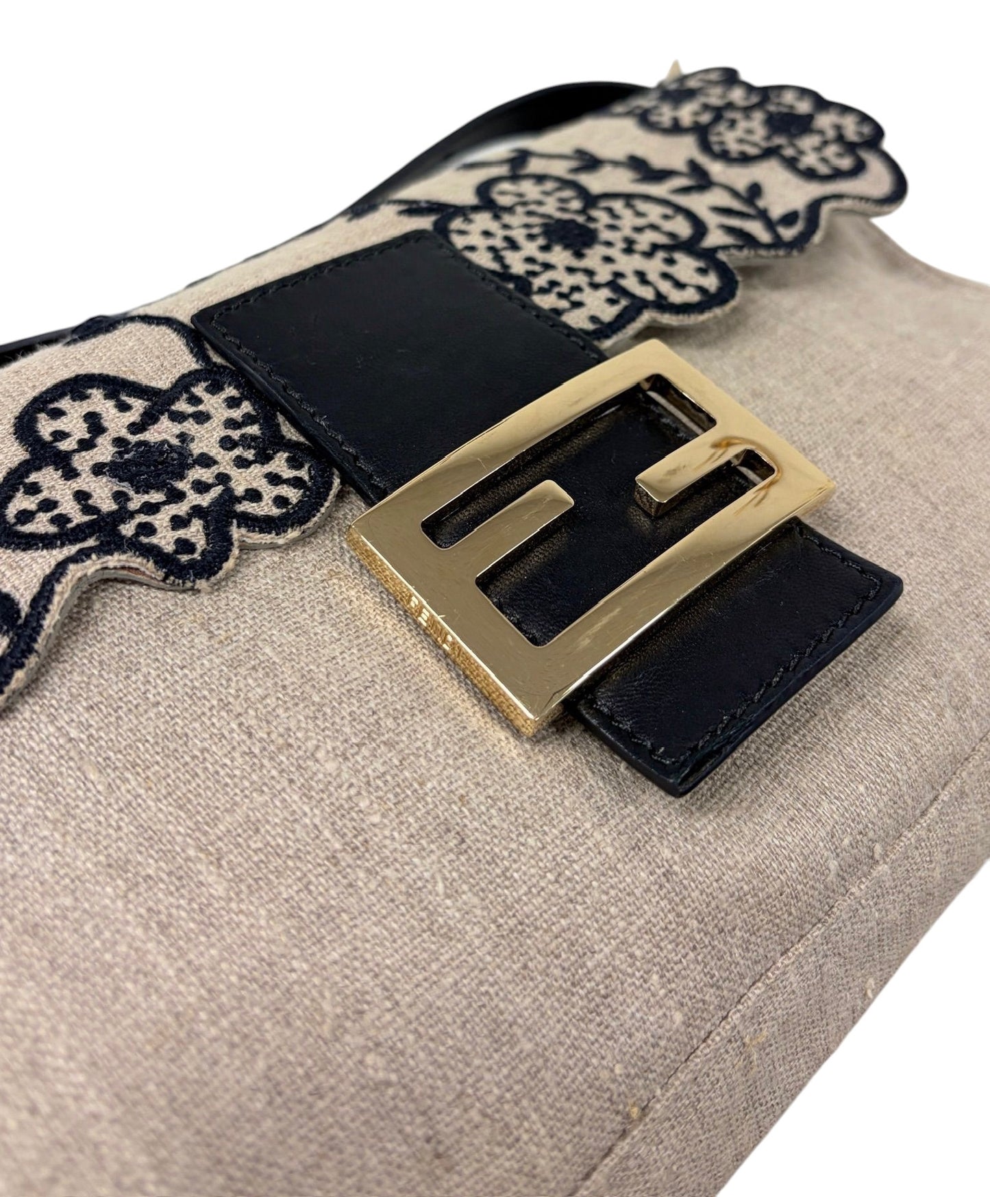 Fendi Vintage Beige Linen Black Floral Embroidered Shoulder Baguette Bag 