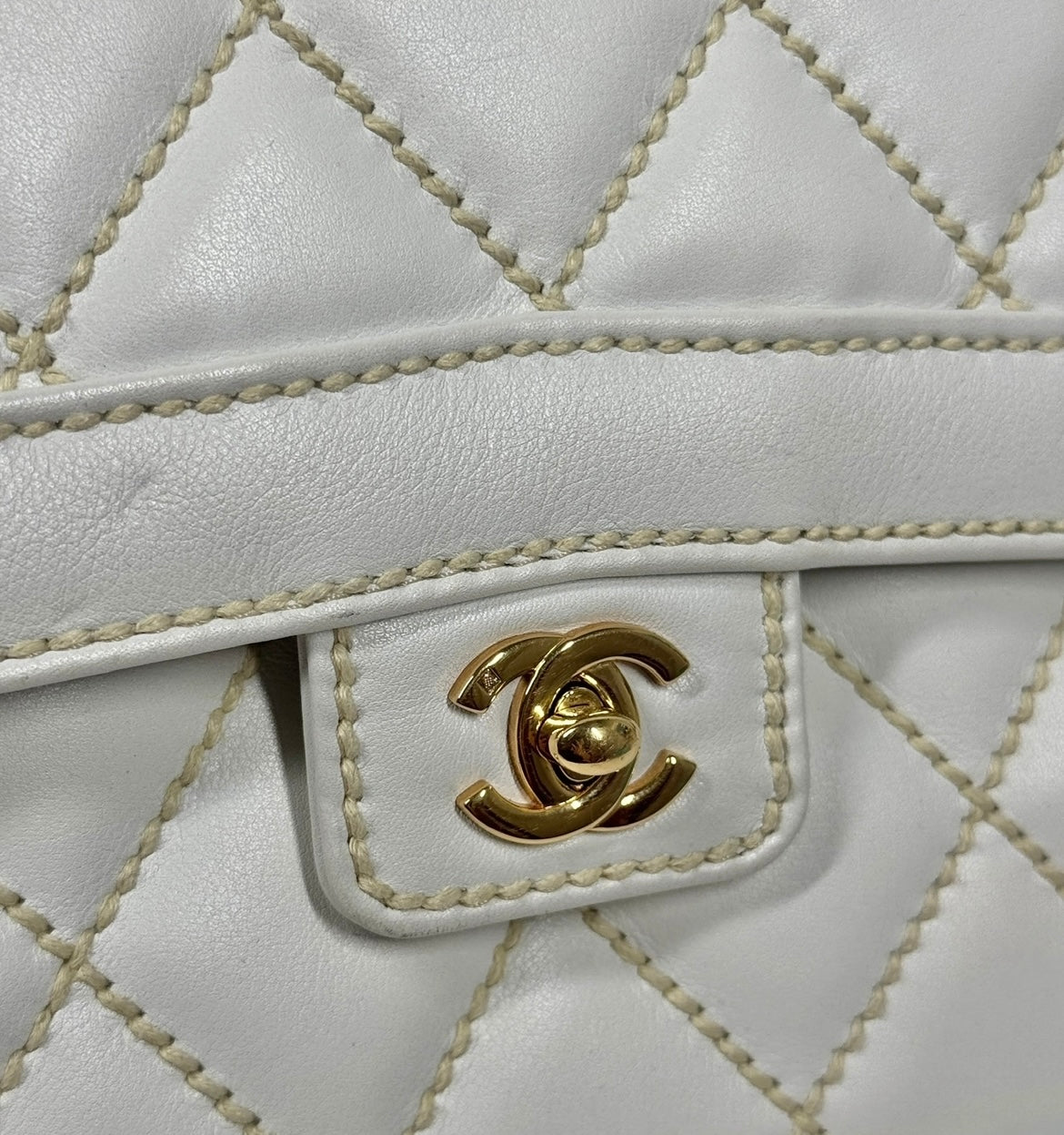 Chanel Vintage 2005 White Quilted Calfskin Leather Wild Stitch Medium Top Handle Classic Flap Bag w 24K Gold Plated Hardware