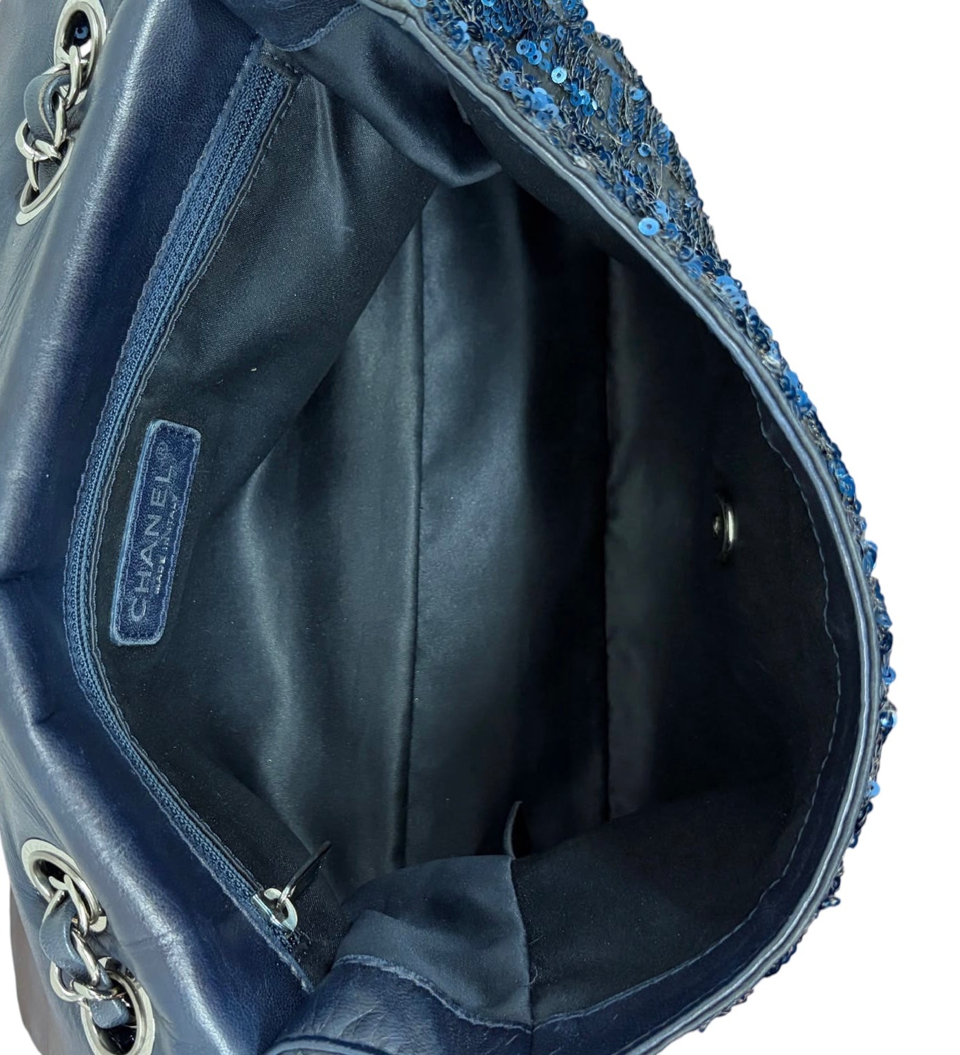 Chanel 2012 Navy Blue Quilted Sequin Medium Single Flap Bag with Silver Hardware