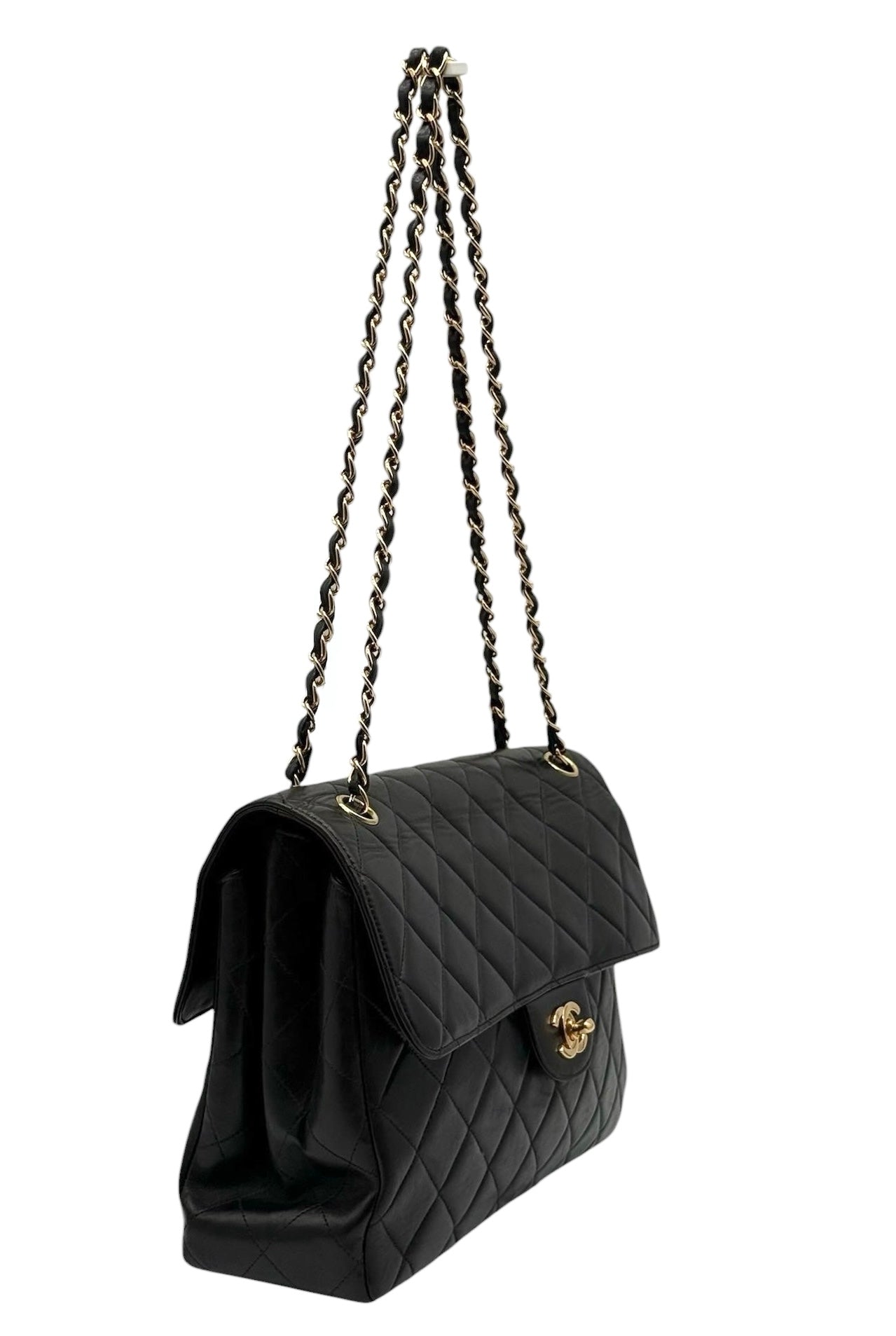 Chanel Vintage 90s Black Lambskin Two-Faced Double Sided Maxi Flap Bag with 24K GPHW