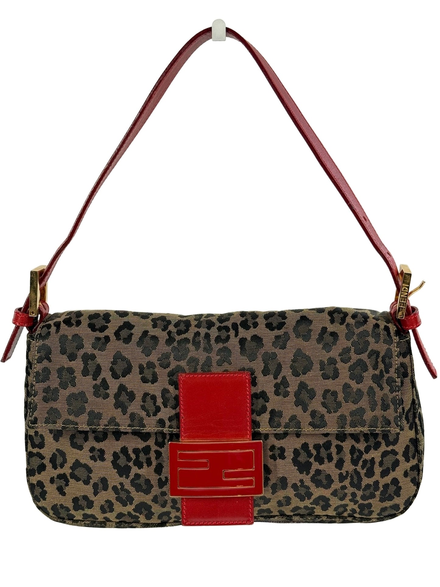 Fendi Vintage Brown Leopard Canvas Red Leather Trim Baguette