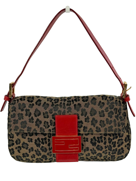 Fendi Vintage Brown Leopard Canvas Red Leather Trim Baguette