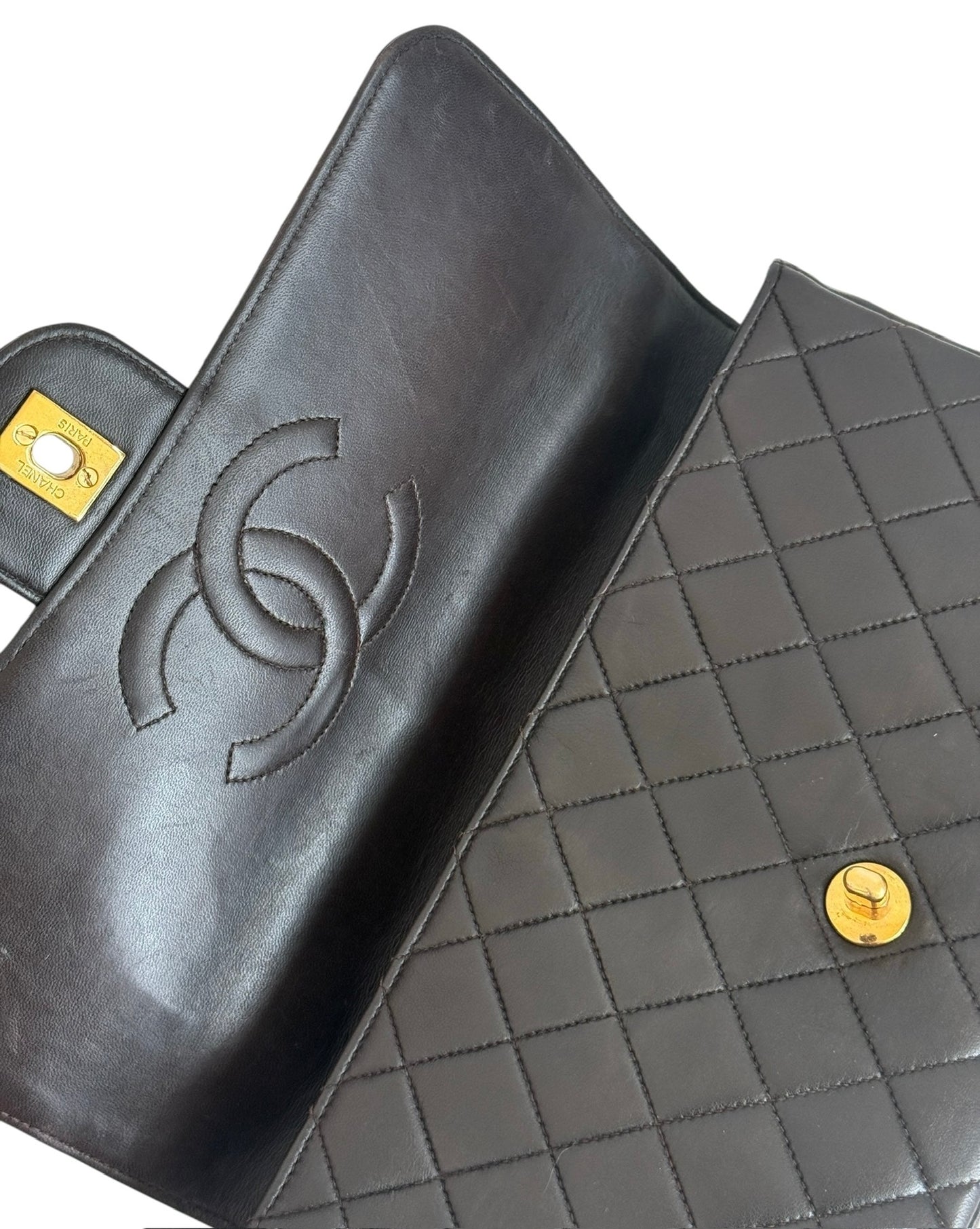 Chanel Vintage 90s Dark Brown Quilted Lambskin Medium Kelly Top Handle Parent Flap Bag w 24K Gold Plated Hardware