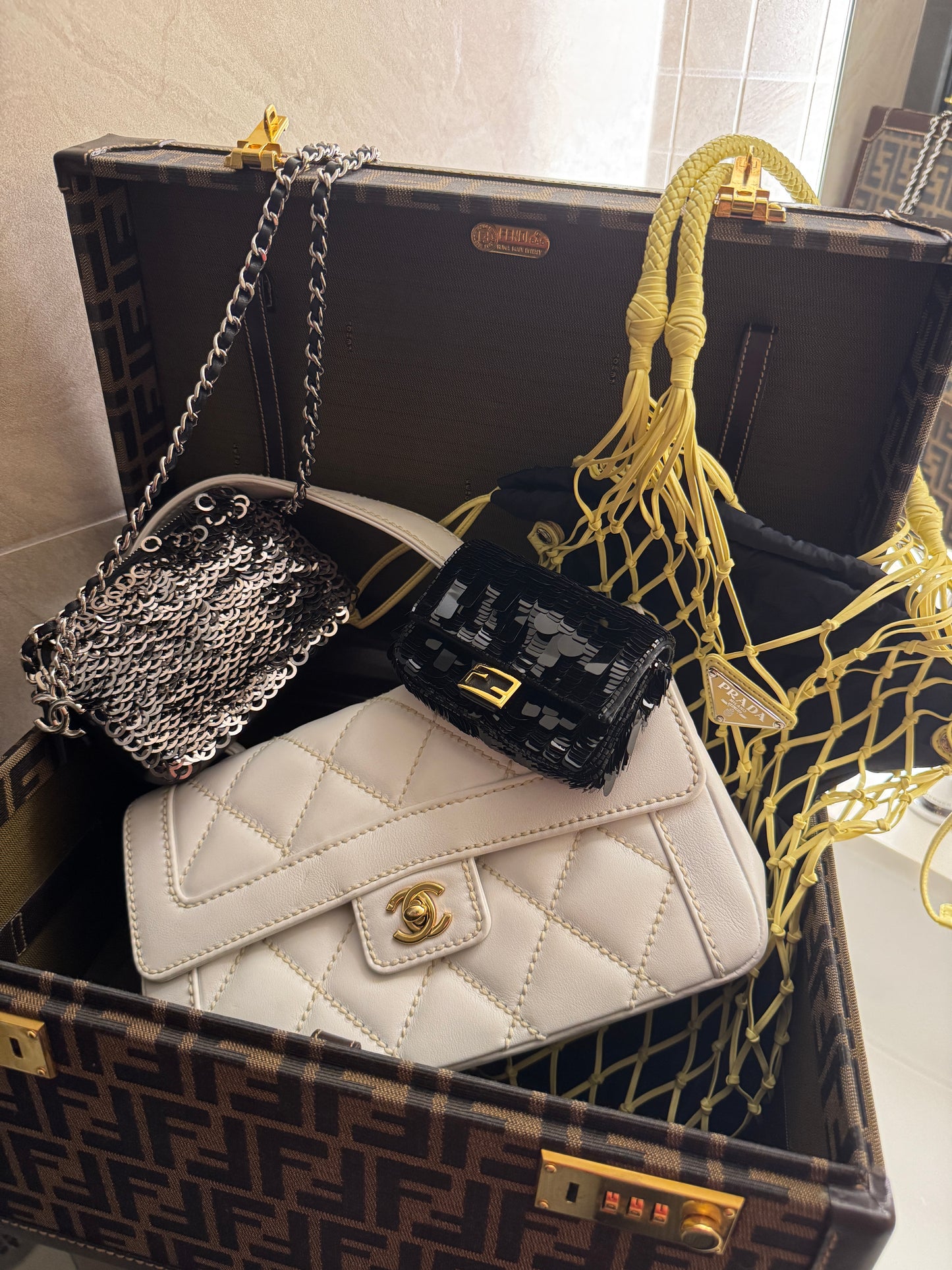 Fendi Black Shiny Sequin Paillettes Nappa Sex and the City Nano Baguette Crossbody Bag and Belt Charm