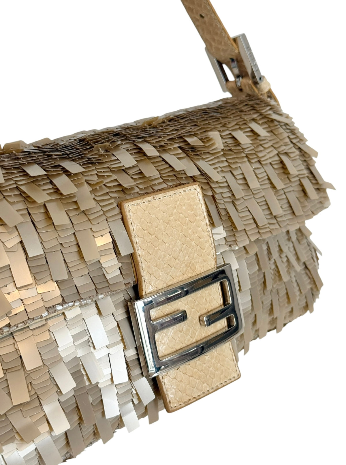 Fendi Vintage Champagne Gold Palliates Sequin Beaded Shoulder Baguette Bag with Python Trim