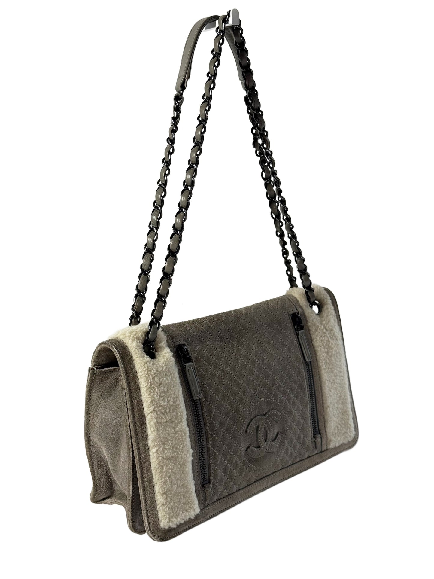 Chanel Gray Quilted Suede & Ivory Shearling Shoulder Flap Bag